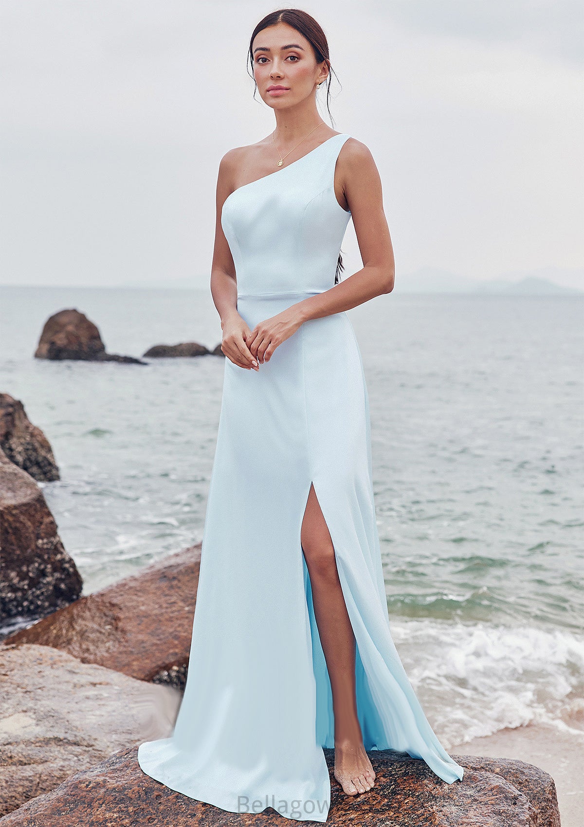 A-line One-Shoulder Sleeveless Floor-Length Stretch Satin Bridesmaid Dresses with Split Erika DNP0025285