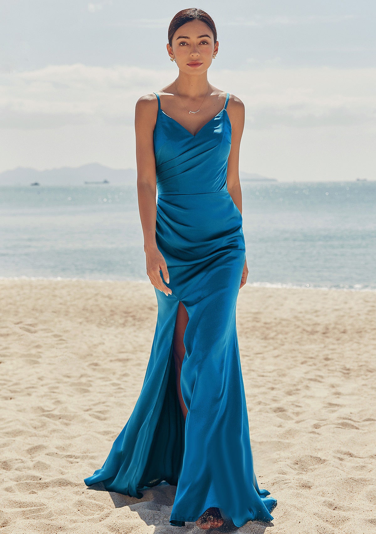 Trumpet/Mermaid V Neck Sleeveless Floor-Length Stretch Satin Bridesmaid Dresses with Pleated Split Denisse DNP0025286