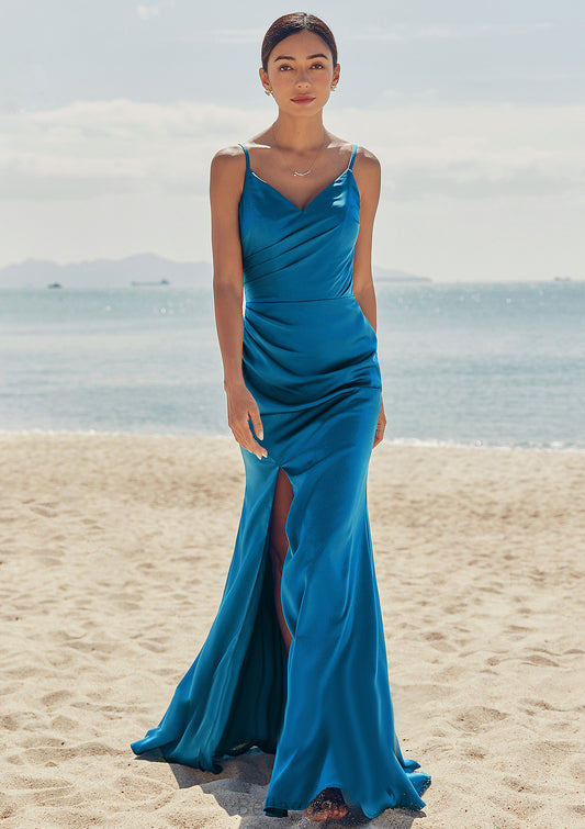 Trumpet/Mermaid V Neck Sleeveless Floor-Length Stretch Satin Bridesmaid Dresses with Pleated Split Denisse DNP0025286