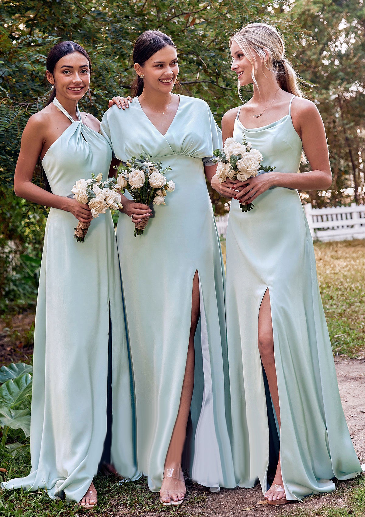 A-line Halter Sleeveless Floor-Length Stretch Satin Bridesmaid Dresses with Split Jaida DNP0025287