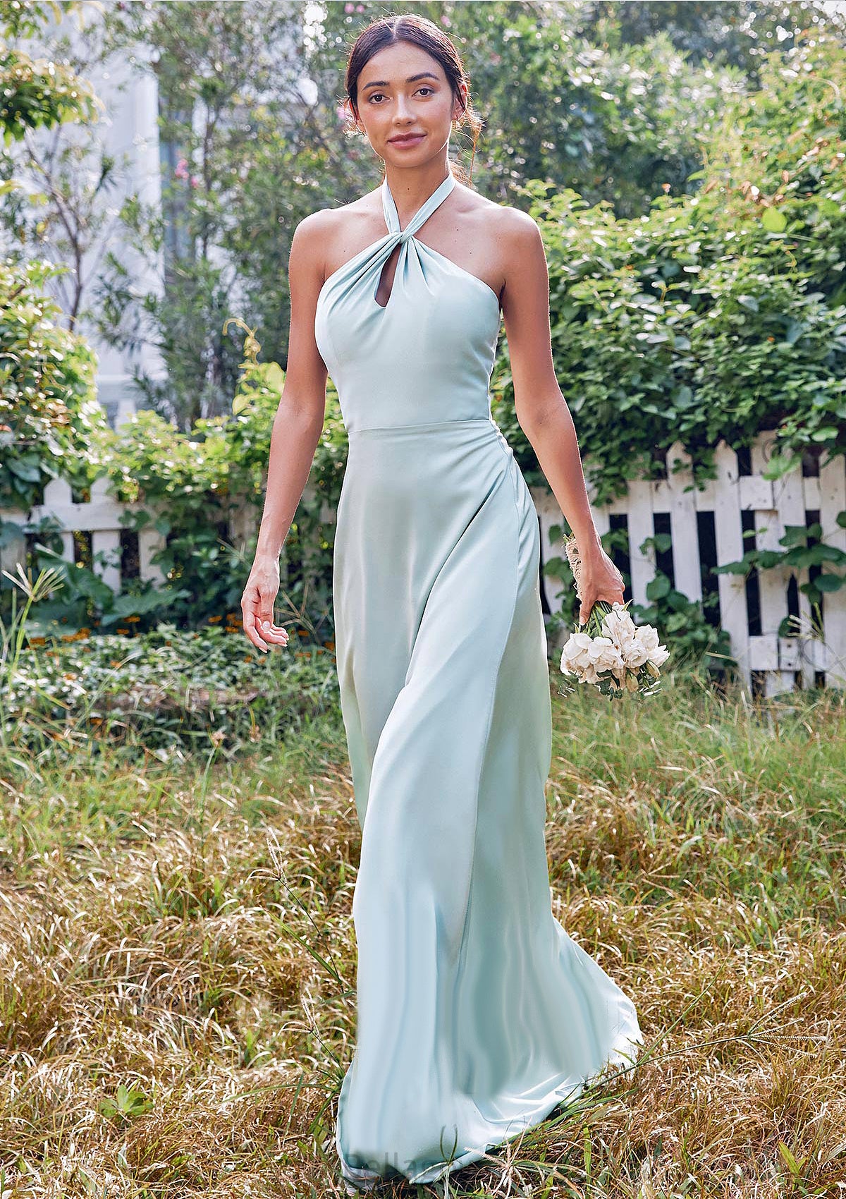 A-line Halter Sleeveless Floor-Length Stretch Satin Bridesmaid Dresses with Split Jaida DNP0025287