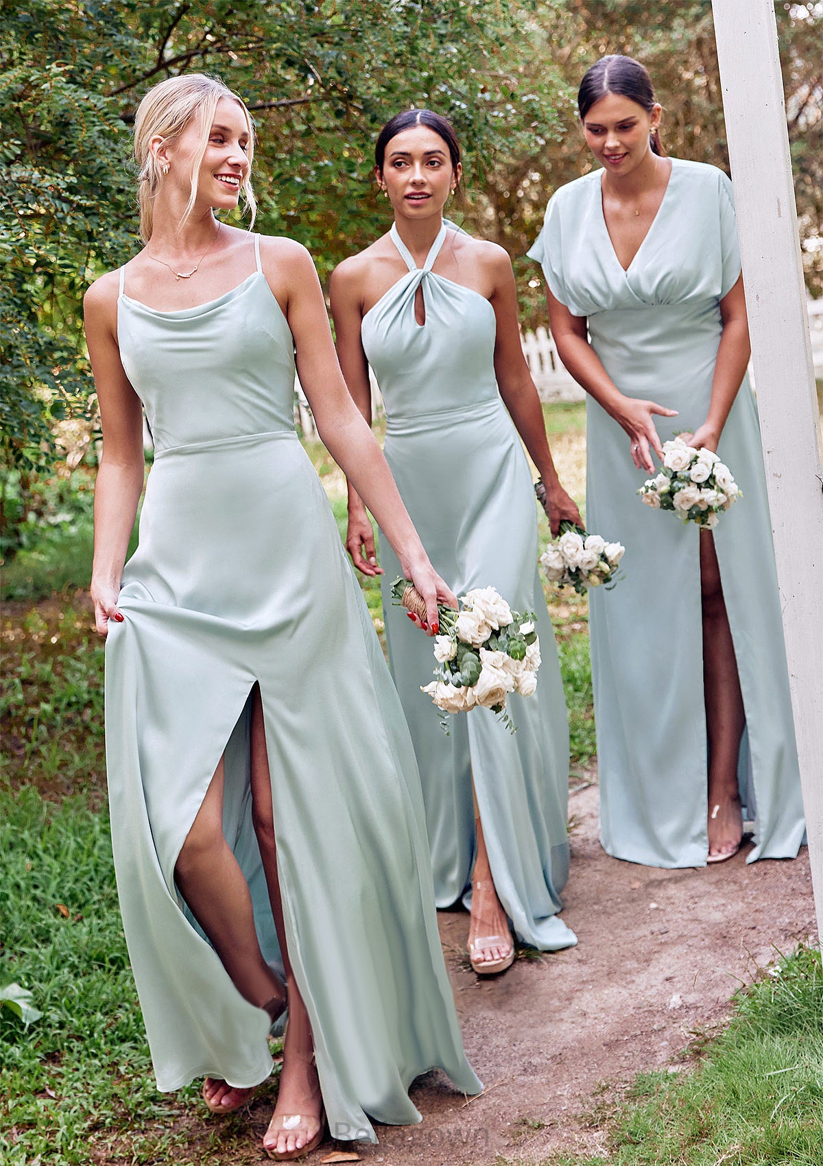 A-line Halter Sleeveless Floor-Length Stretch Satin Bridesmaid Dresses with Split Jaida DNP0025287