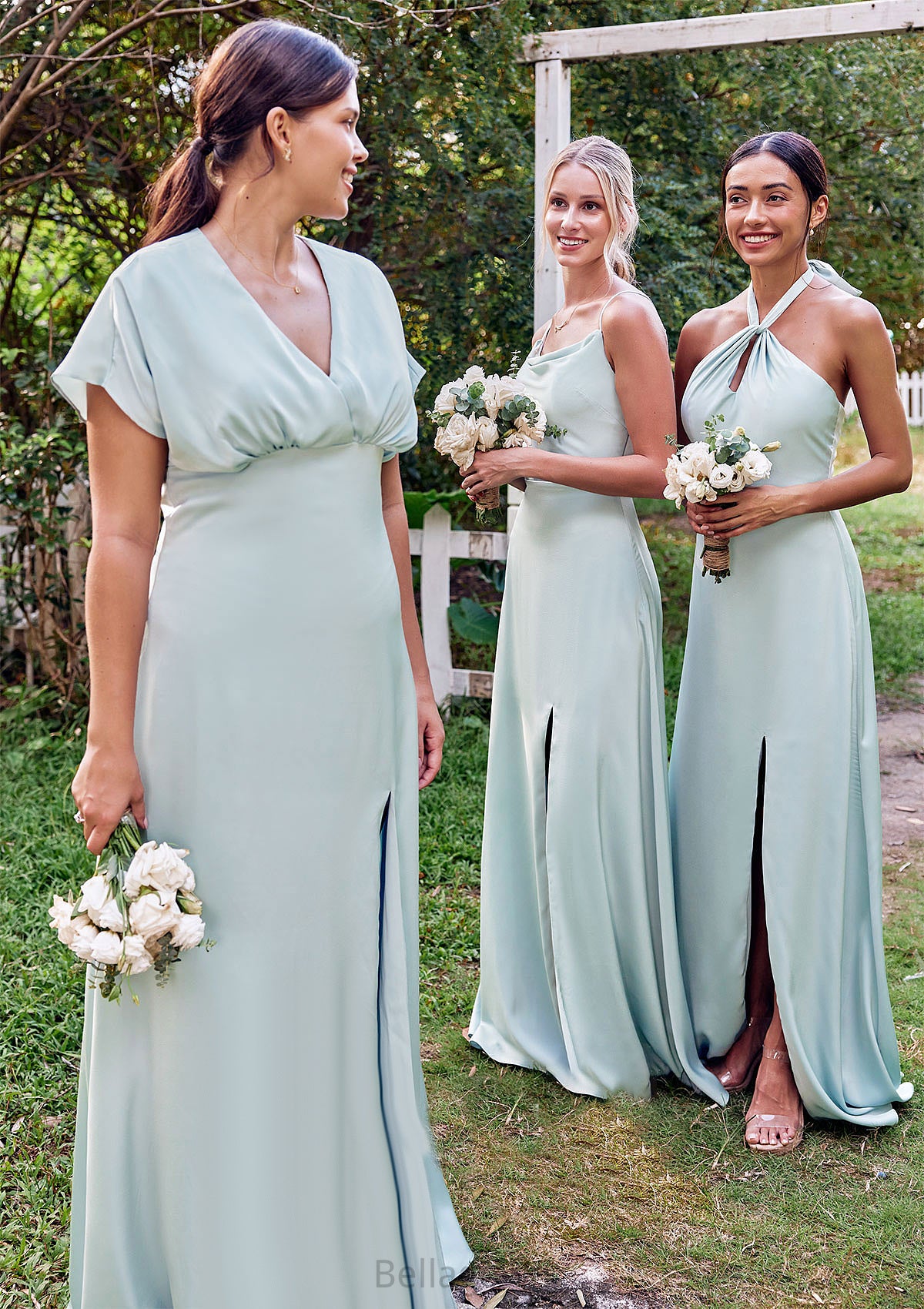 A-line Halter Sleeveless Floor-Length Stretch Satin Bridesmaid Dresses with Split Jaida DNP0025287