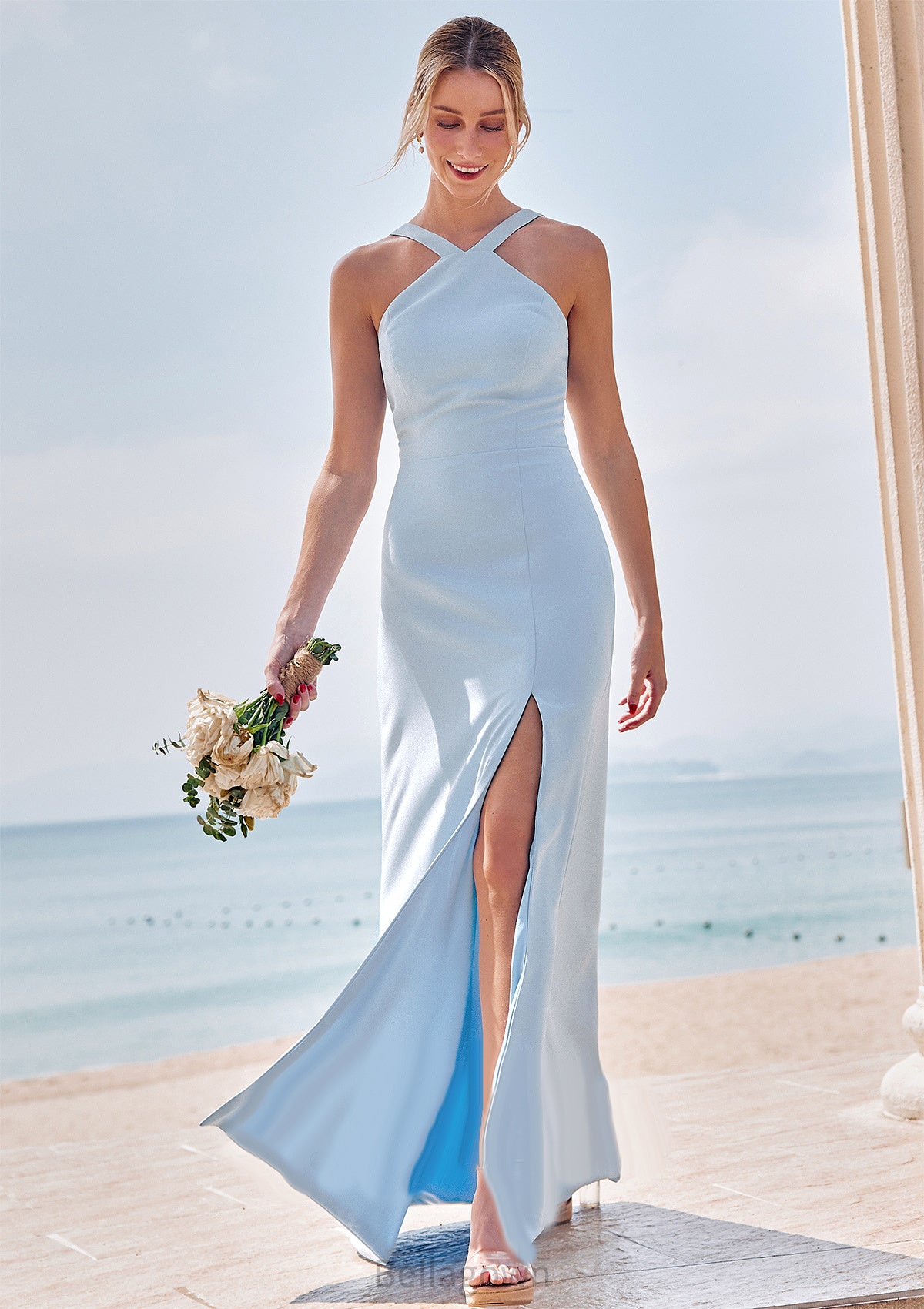 Sheath/Column Halter Sleeveless Floor-Length Stretch Crepe Bridesmaid Dresses with Split Giselle DNP0025291