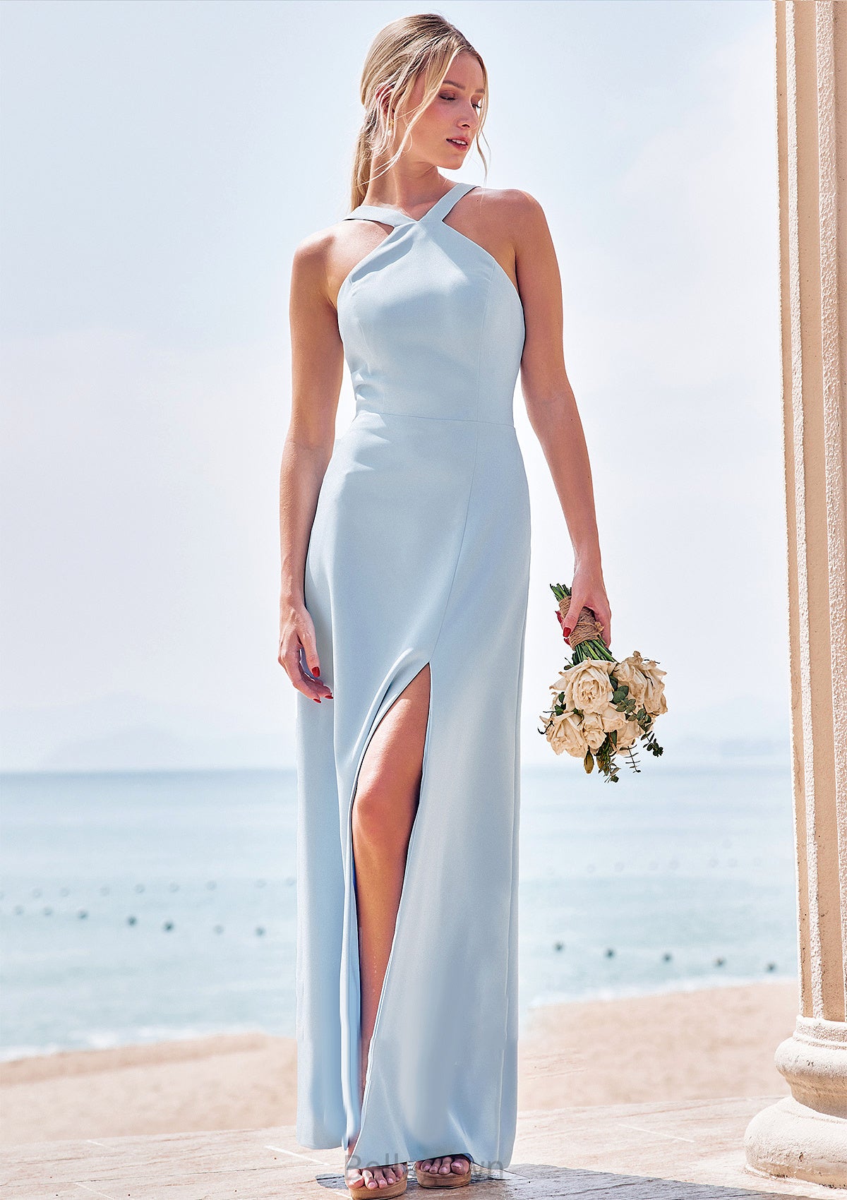 Sheath/Column Halter Sleeveless Floor-Length Stretch Crepe Bridesmaid Dresses with Split Giselle DNP0025291