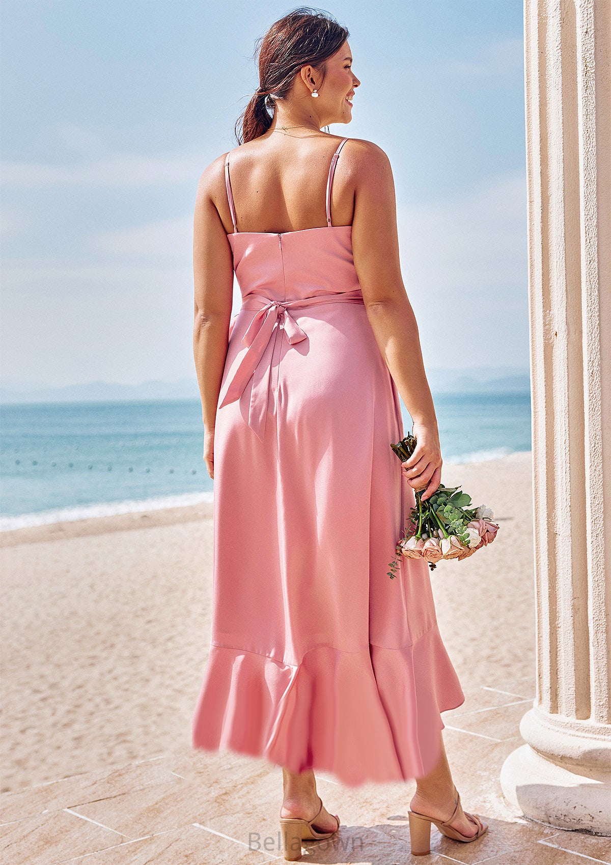 A-line V Neck Sleeveless Asymmetrical Stretch Satin Bridesmaid Dresses with Sashes Ruffles Leslie DNP0025292