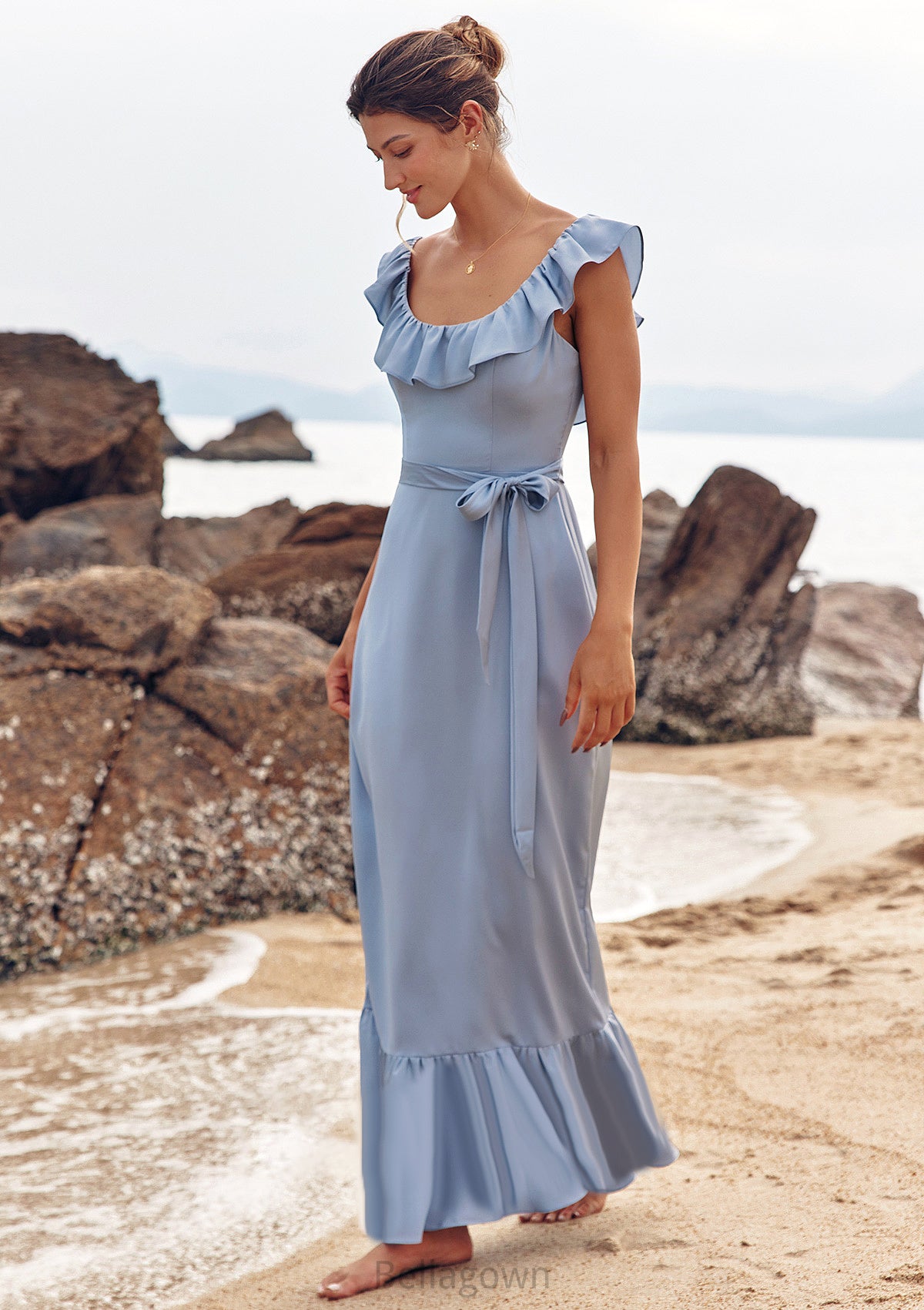 Sheath/Column Scoop Neck Sleeveless Floor-Length Stretch Satin Bridesmaid Dresses with Sashes Ruffles Matilda DNP0025293