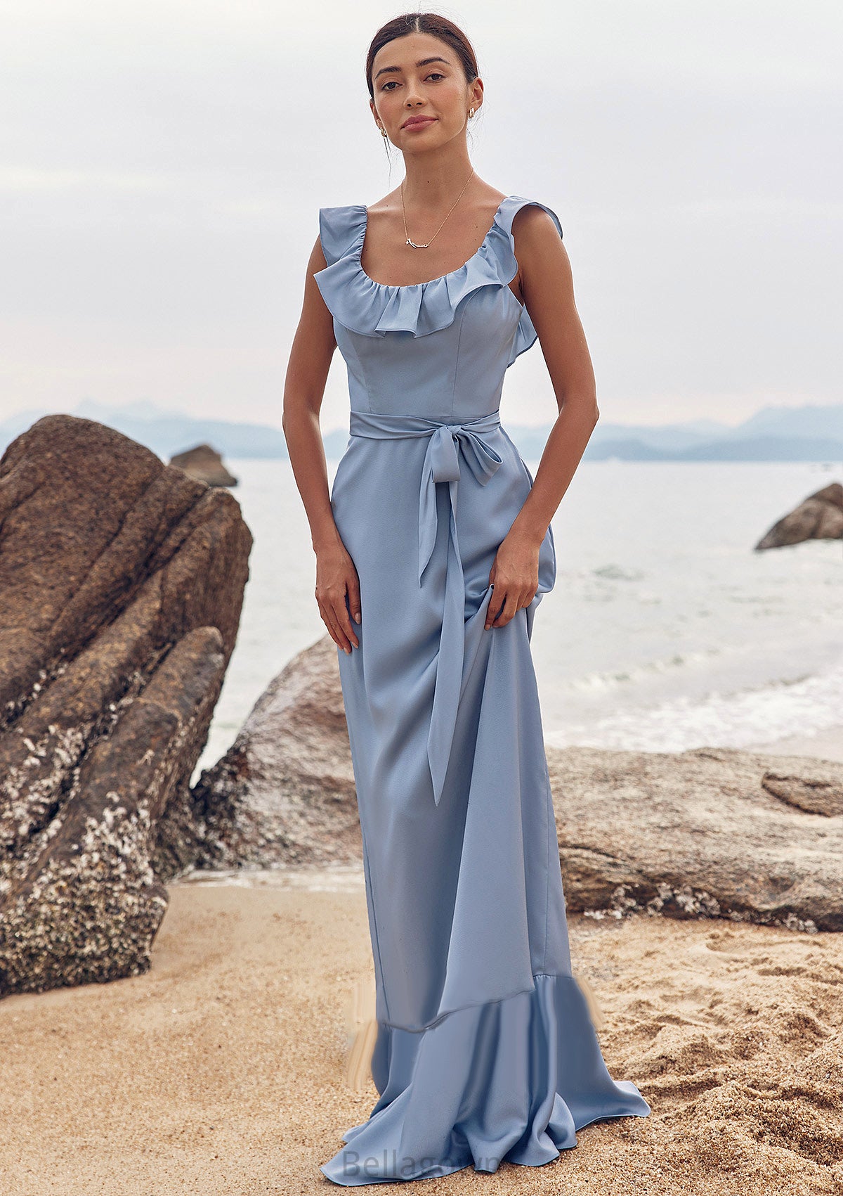 Sheath/Column Scoop Neck Sleeveless Floor-Length Stretch Satin Bridesmaid Dresses with Sashes Ruffles Matilda DNP0025293