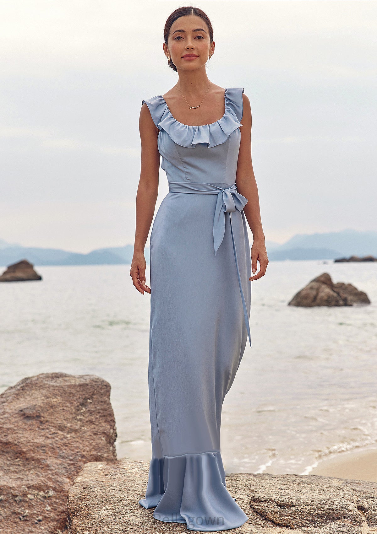 Sheath/Column Scoop Neck Sleeveless Floor-Length Stretch Satin Bridesmaid Dresses with Sashes Ruffles Matilda DNP0025293