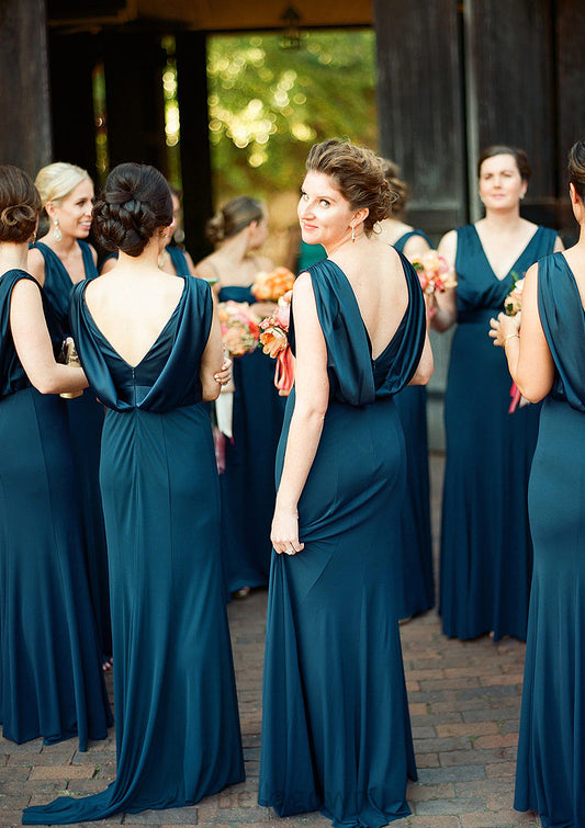 A-line V Neck Sleeveless Sweep Train Jersey Bridesmaid Dresses with Pleated Marcie DNP0025302