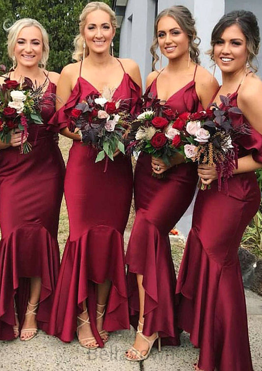 Sleeveless V Neck Asymmetrical Trumpet/Mermaid Charmeuse Bridesmaid Dresseses With Ruffles Liliana DNP0025305