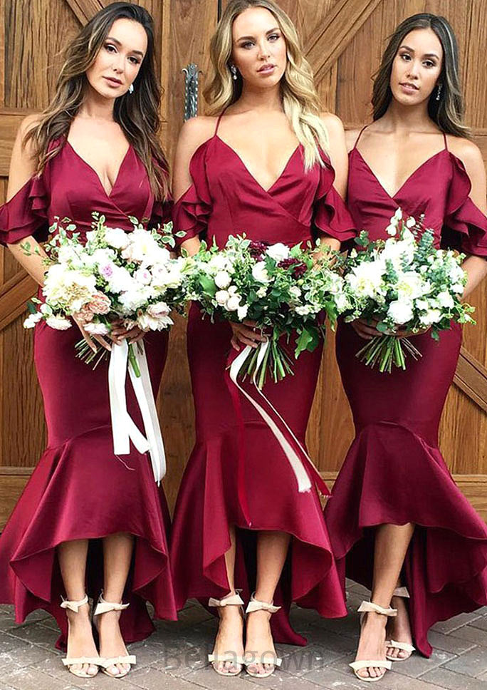 Sleeveless V Neck Asymmetrical Trumpet/Mermaid Charmeuse Bridesmaid Dresseses With Ruffles Liliana DNP0025305