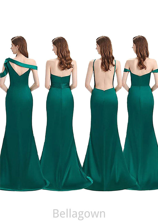 Trumpet/Mermaid Sleeveless Long/Floor-Length Silk like Satin Bridesmaid Dresses With Pleated Split Cristal DNP0025306