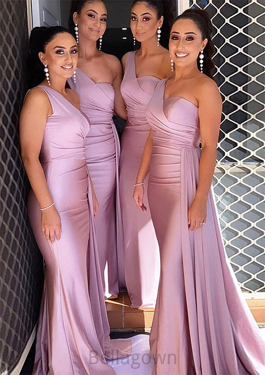 Trumpet/Mermaid One-Shoulder Sleeveless Sweep Train Jersey Bridesmaid Dresses With Pleated Side Draping Jessica DNP0025308