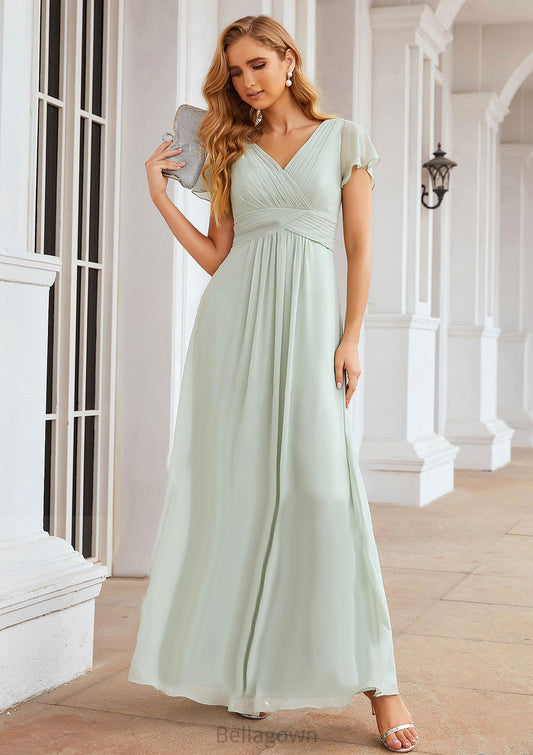 A-line V Neck Short Sleeve Long/Floor-Length Chiffon Bridesmaid Dresses With Pleated Hortensia DNP0025309