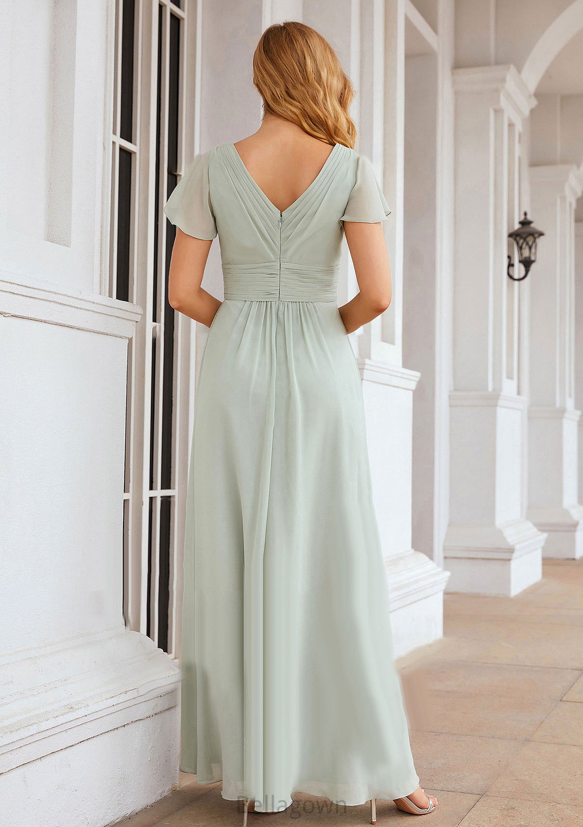 A-line V Neck Short Sleeve Long/Floor-Length Chiffon Bridesmaid Dresses With Pleated Hortensia DNP0025309