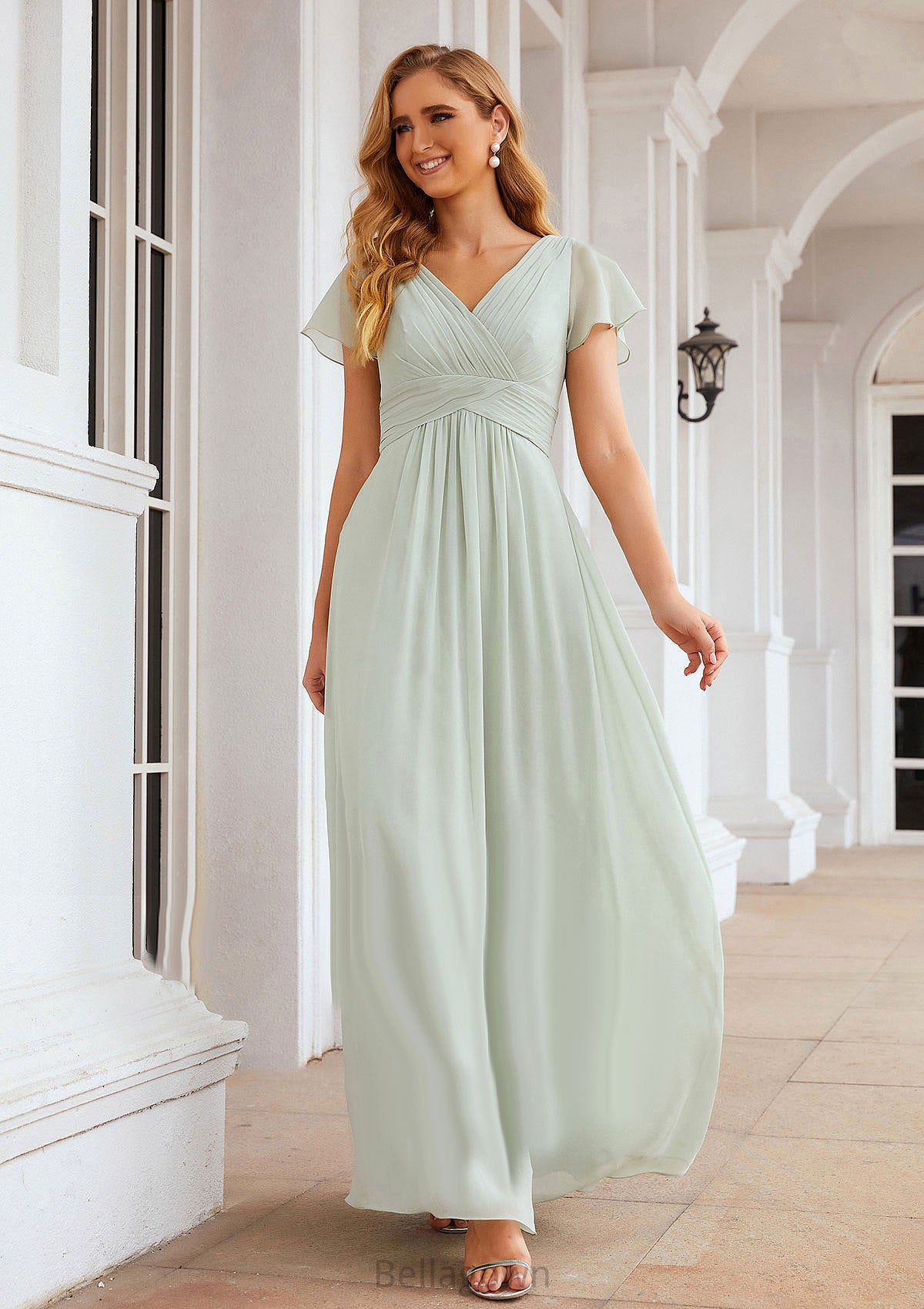 A-line V Neck Short Sleeve Long/Floor-Length Chiffon Bridesmaid Dresses With Pleated Hortensia DNP0025309