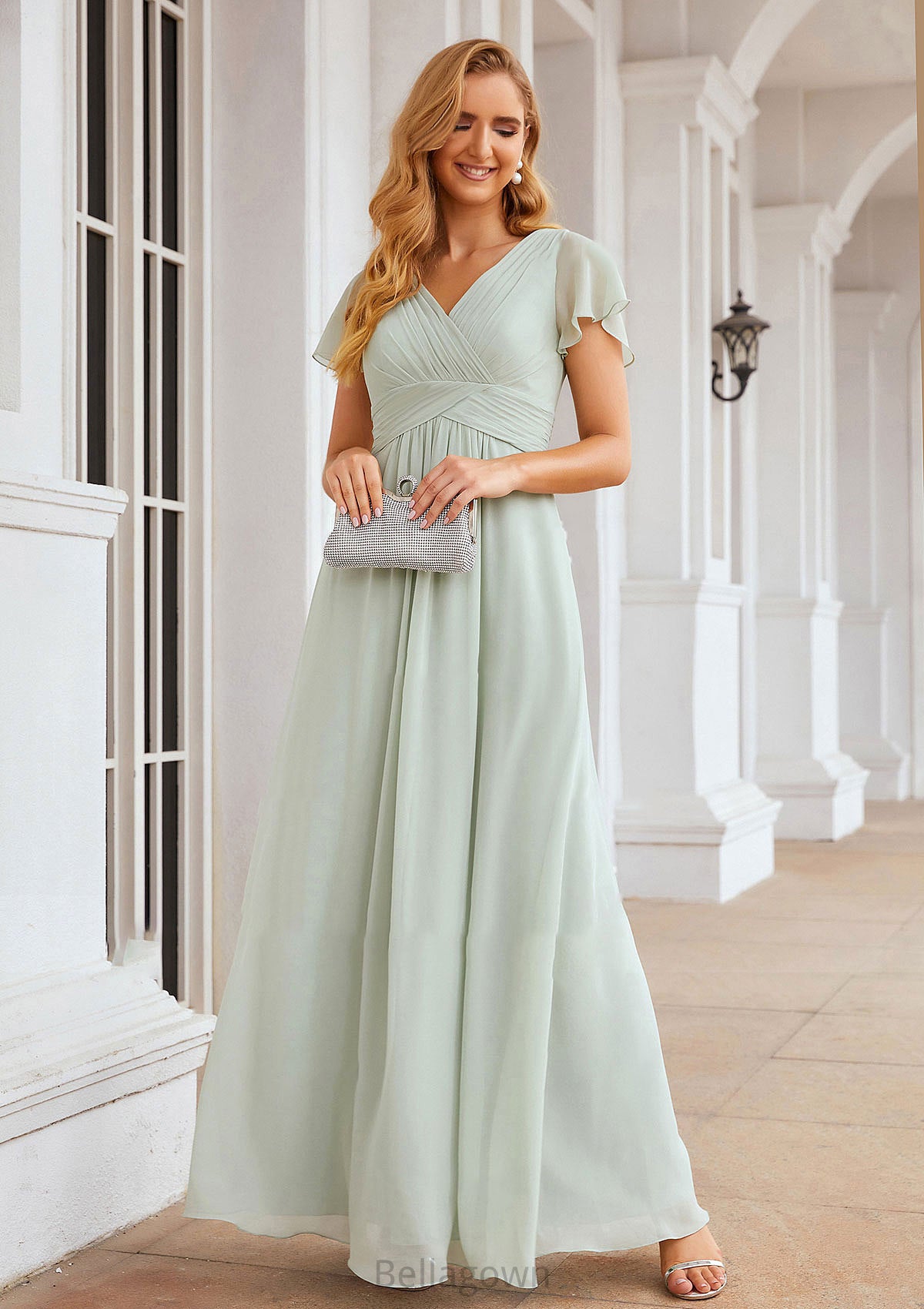 A-line V Neck Short Sleeve Long/Floor-Length Chiffon Bridesmaid Dresses With Pleated Hortensia DNP0025309