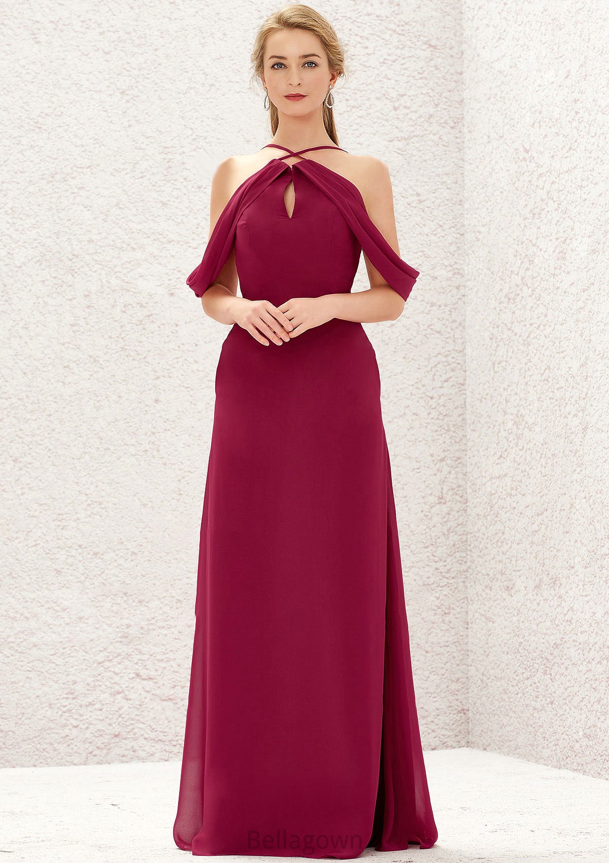 A-line Scalloped Neck Sleeveless Chiffon Long/Floor-Length Bridesmaid Dresses With Pockets Celia DNP0025310