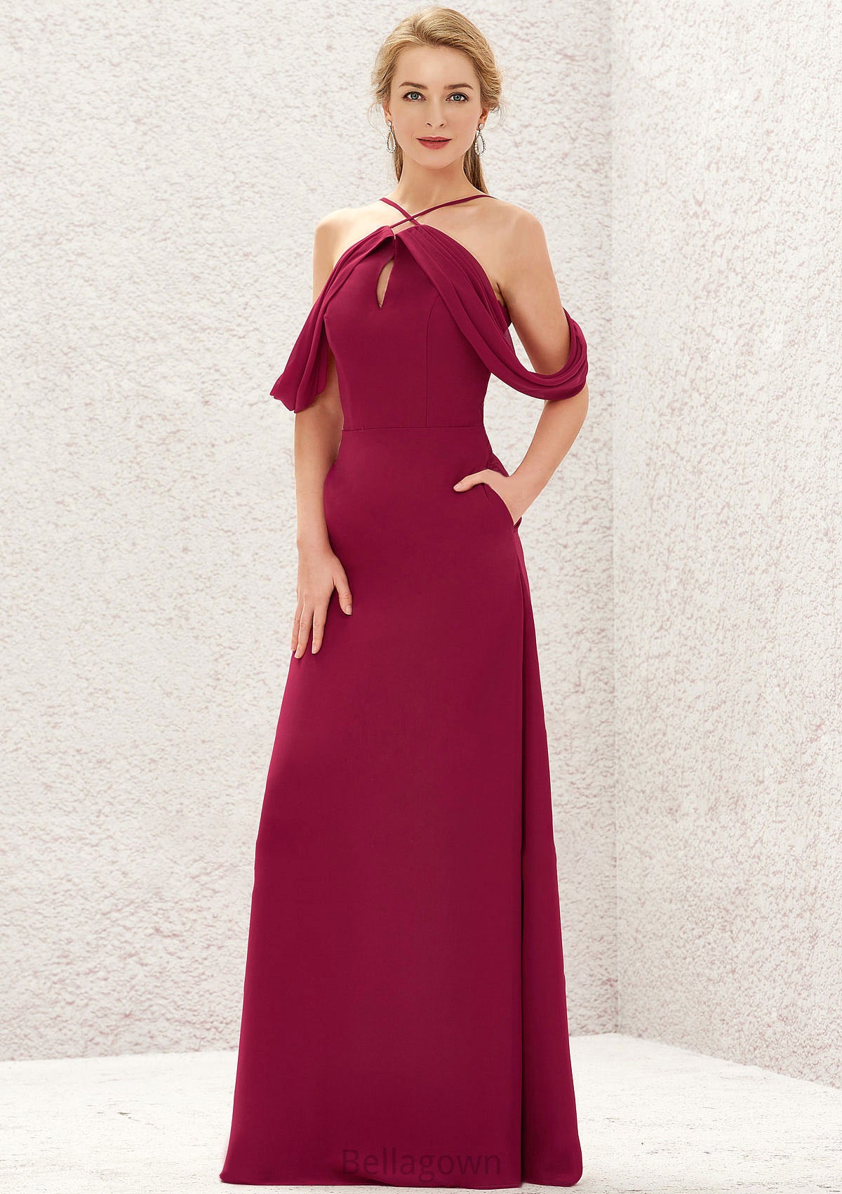 A-line Scalloped Neck Sleeveless Chiffon Long/Floor-Length Bridesmaid Dresses With Pockets Celia DNP0025310