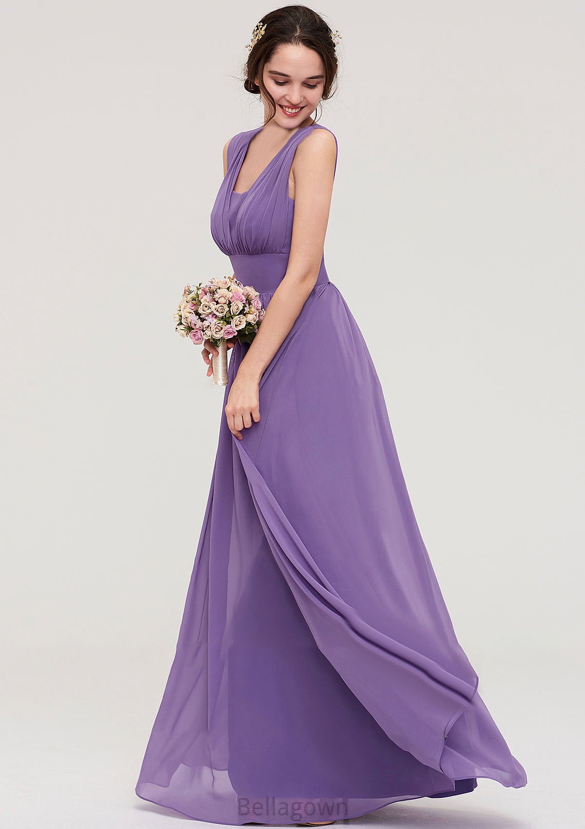 Sleeveless Scalloped Neck Chiffon Long/Floor-Length Bridesmaid Dresseses With Pleated Liana DNP0025314