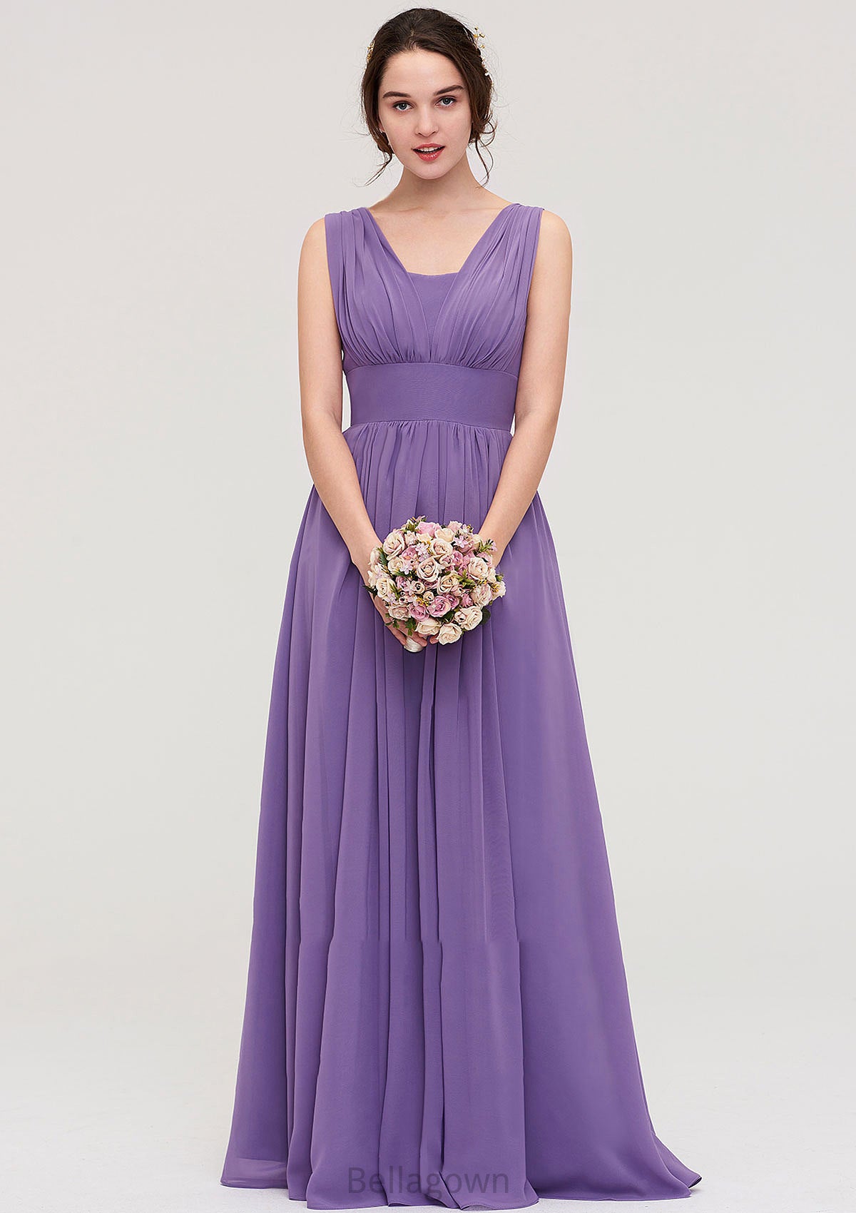 Sleeveless Scalloped Neck Chiffon Long/Floor-Length Bridesmaid Dresseses With Pleated Liana DNP0025314