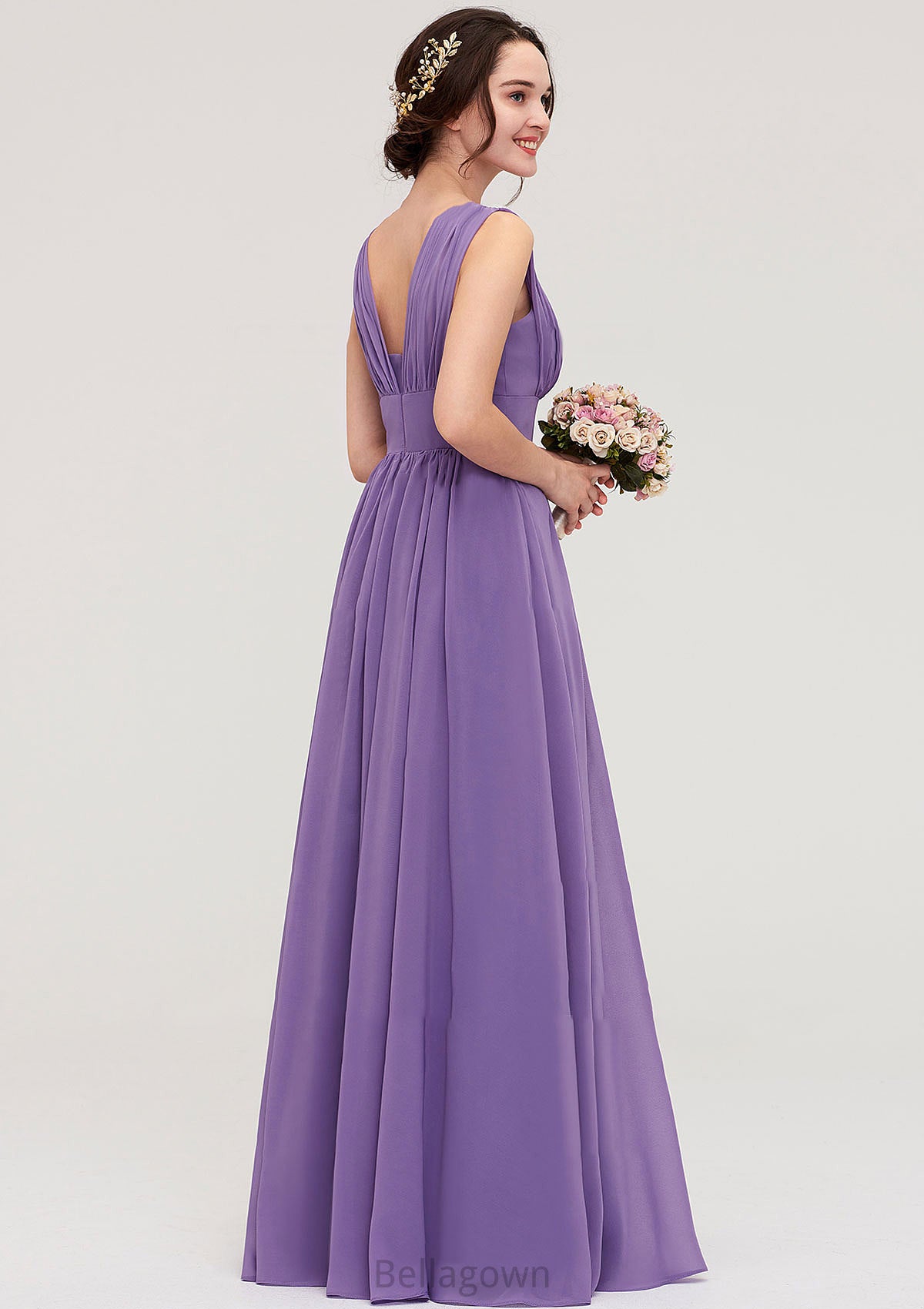 Sleeveless Scalloped Neck Chiffon Long/Floor-Length Bridesmaid Dresseses With Pleated Liana DNP0025314