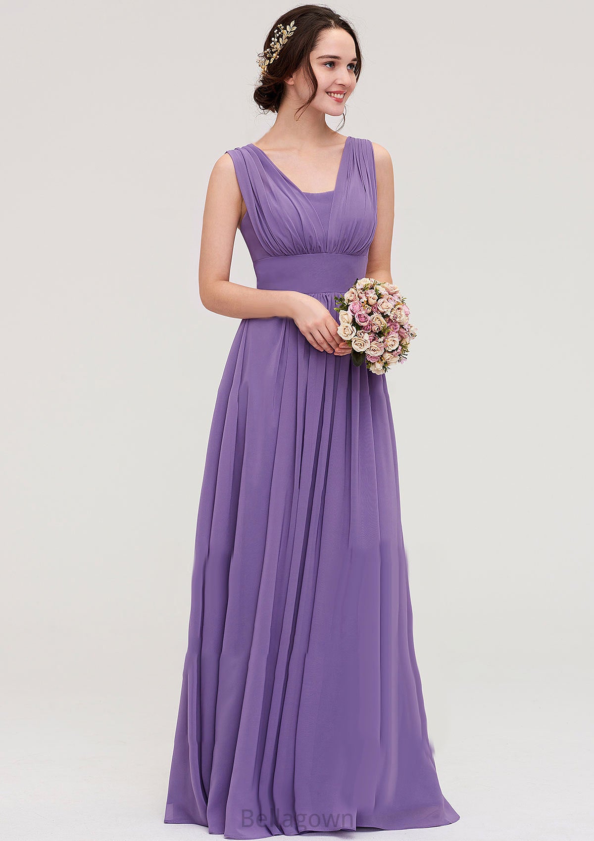 Sleeveless Scalloped Neck Chiffon Long/Floor-Length Bridesmaid Dresseses With Pleated Liana DNP0025314