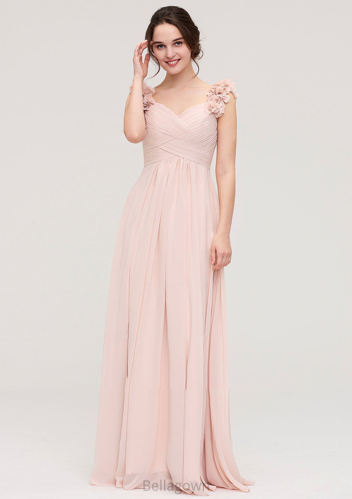 Sweetheart Sleeveless A-line/Princess Chiffon Long/Floor-Length Bridesmaid Dresses With Pleated Shoulder Flower Lesly DNP0025315