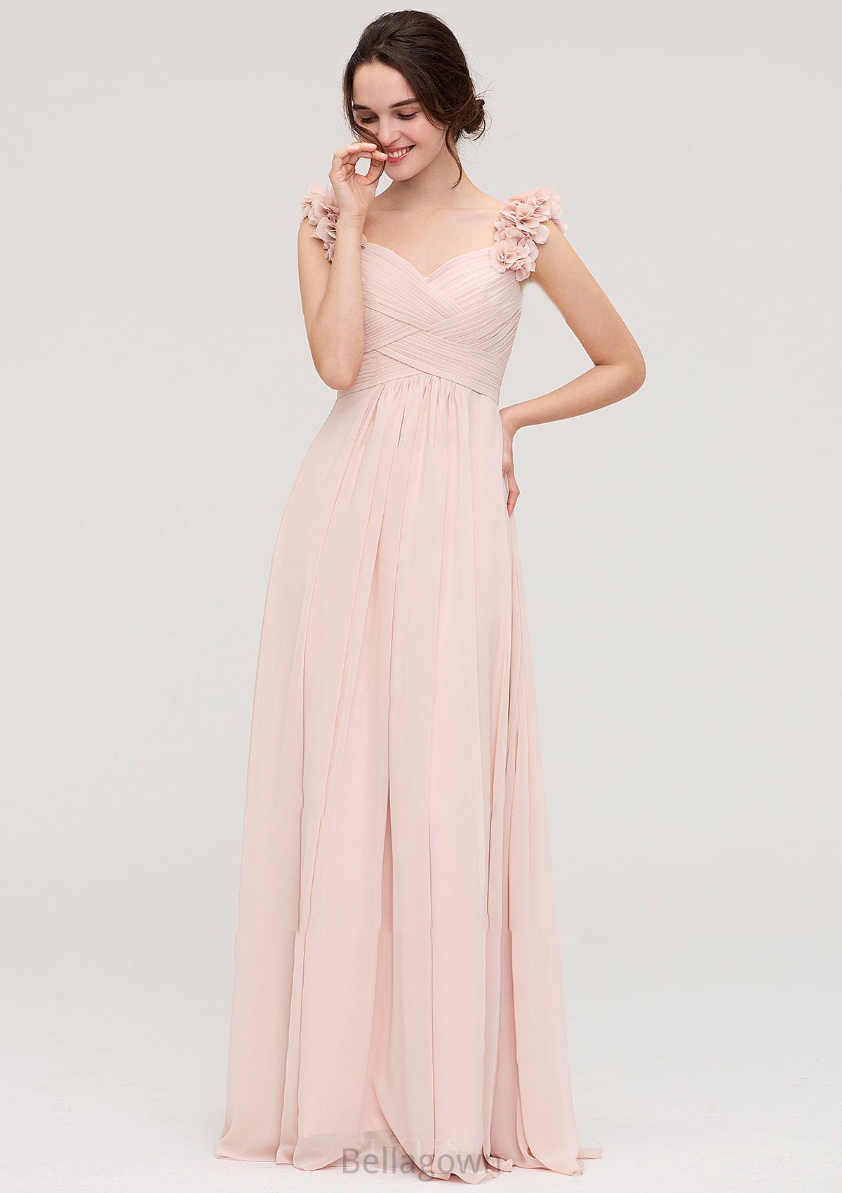 Sweetheart Sleeveless A-line/Princess Chiffon Long/Floor-Length Bridesmaid Dresses With Pleated Shoulder Flower Lesly DNP0025315