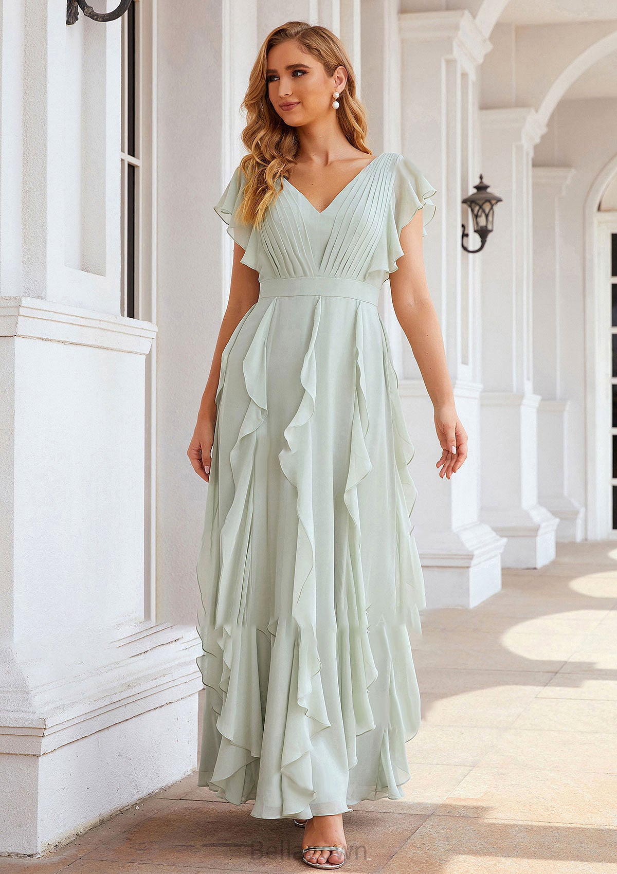 A-line V Neck Short Sleeve Long/Floor-Length Chiffon Bridesmaid Dresses With Pleated Ruffles Amara DNP0025316