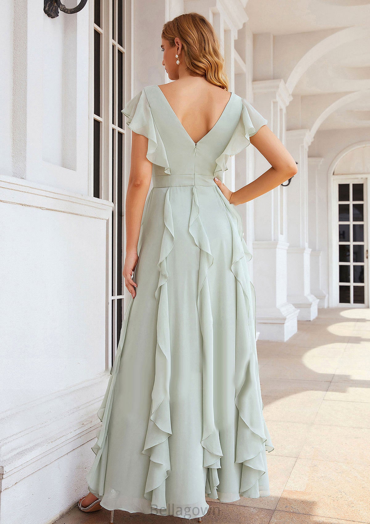 A-line V Neck Short Sleeve Long/Floor-Length Chiffon Bridesmaid Dresses With Pleated Ruffles Amara DNP0025316