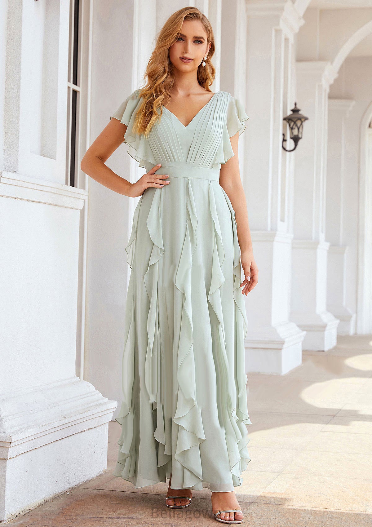 A-line V Neck Short Sleeve Long/Floor-Length Chiffon Bridesmaid Dresses With Pleated Ruffles Amara DNP0025316