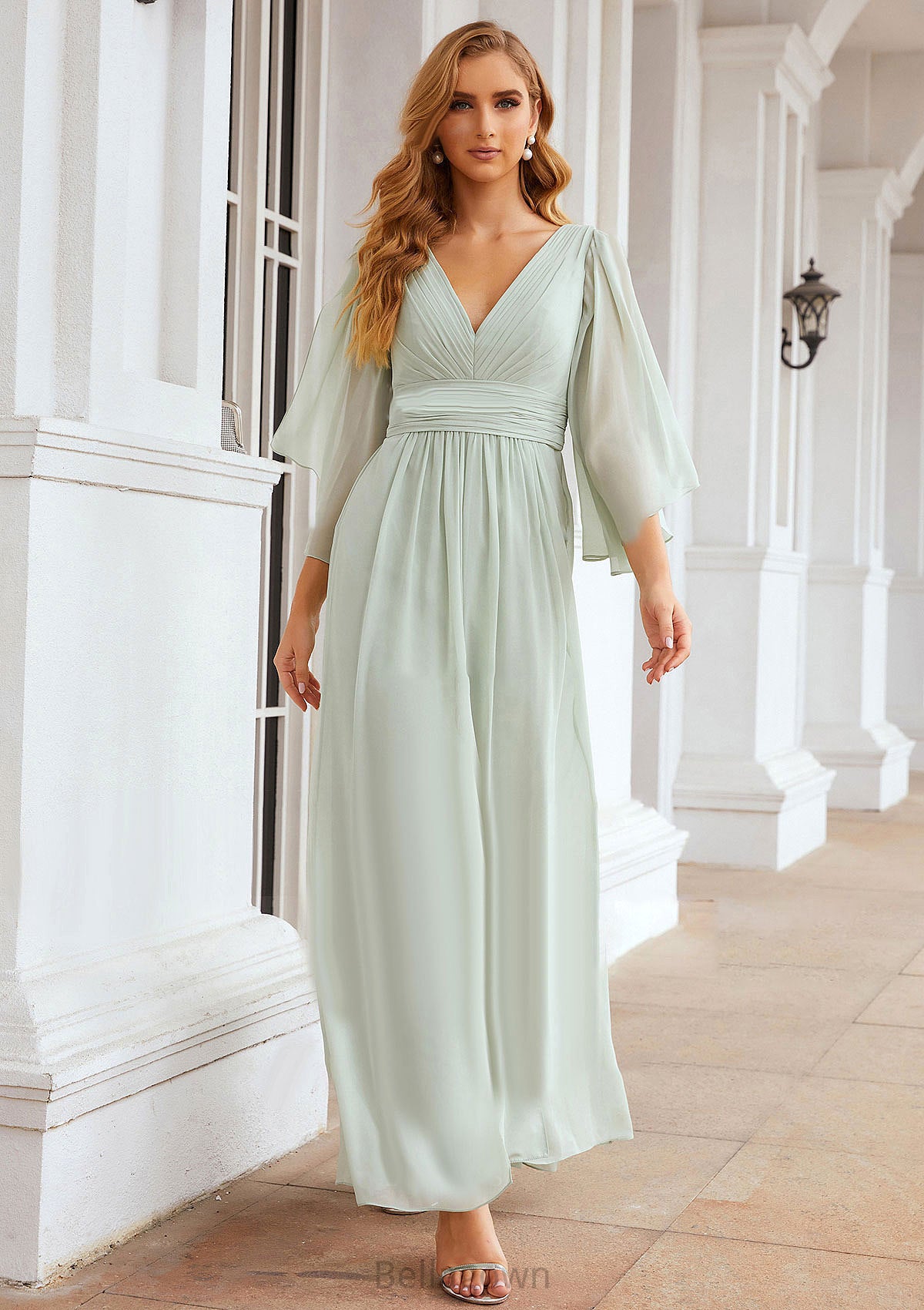 Sheath/Column V Neck 3/4 Sleeve Long/Floor-Length Chiffon Bridesmaid Dresses With Pleated Amelie DNP0025318