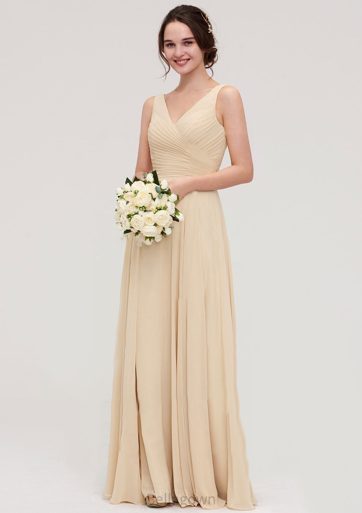 A-line/Princess V Neck Long/Floor-Length A-line/Princess Chiffon Bridesmaid Dresses With Sashes Pleated Stephanie DNP0025322