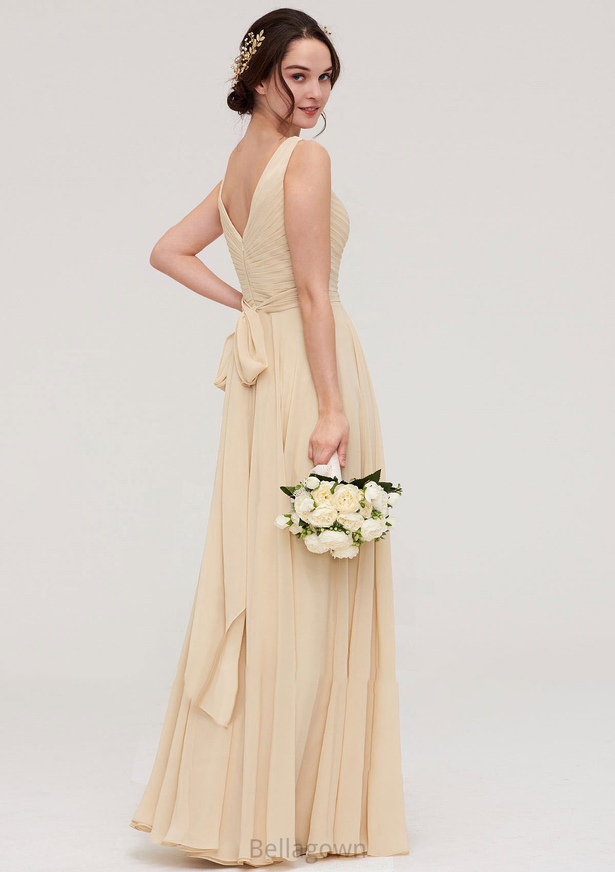 A-line/Princess V Neck Long/Floor-Length A-line/Princess Chiffon Bridesmaid Dresses With Sashes Pleated Stephanie DNP0025322