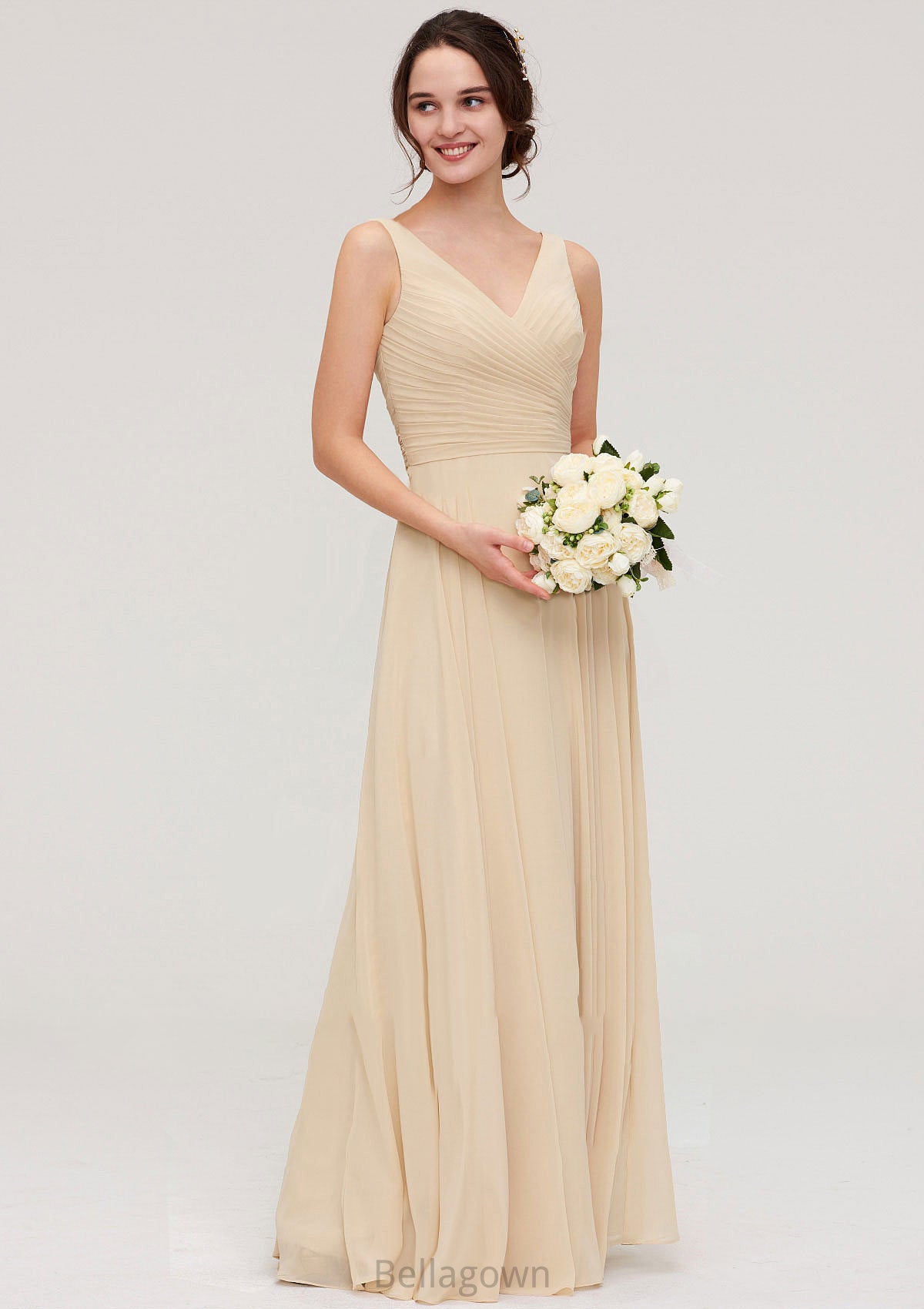 A-line/Princess V Neck Long/Floor-Length A-line/Princess Chiffon Bridesmaid Dresses With Sashes Pleated Stephanie DNP0025322