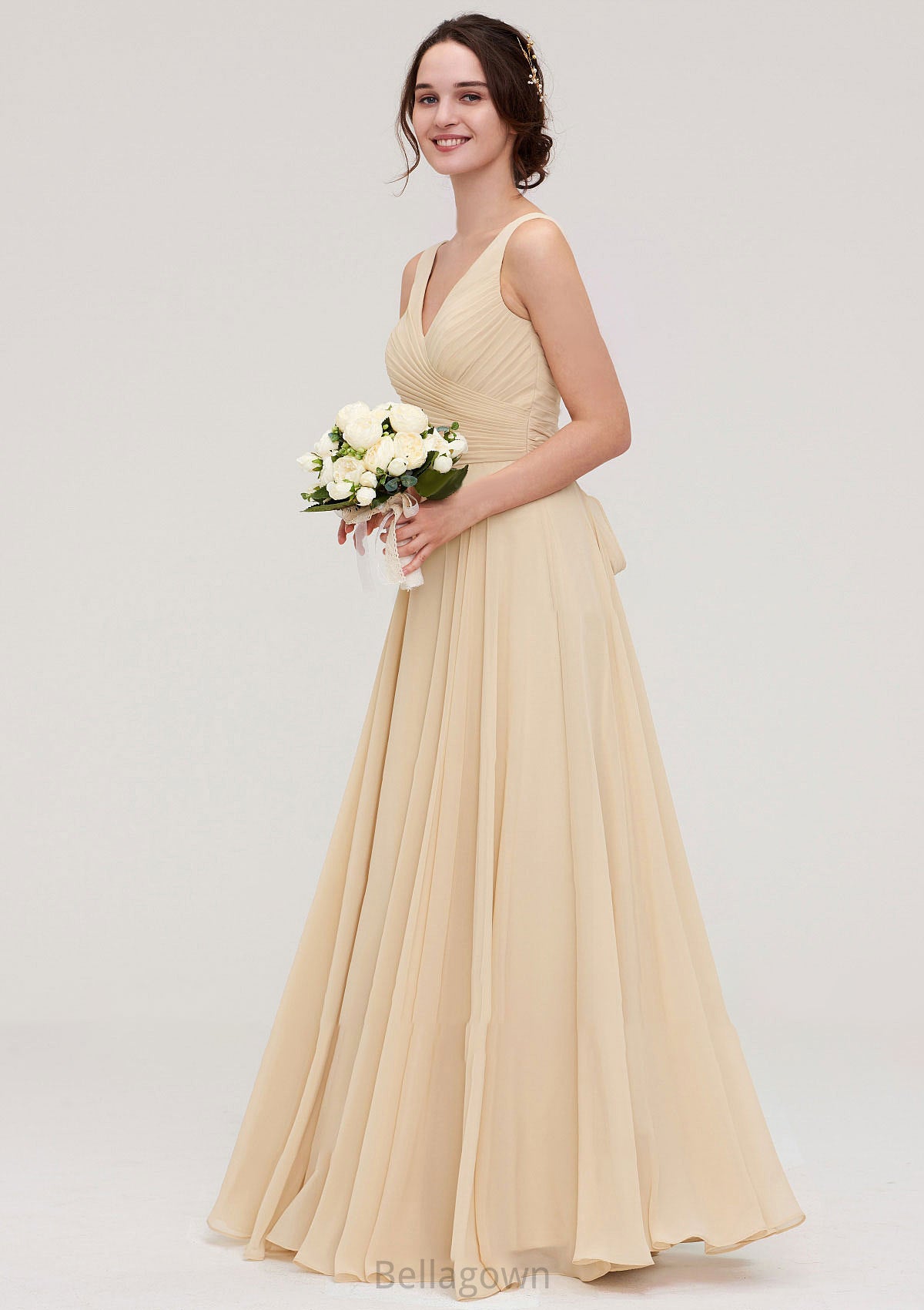 A-line/Princess V Neck Long/Floor-Length A-line/Princess Chiffon Bridesmaid Dresses With Sashes Pleated Stephanie DNP0025322