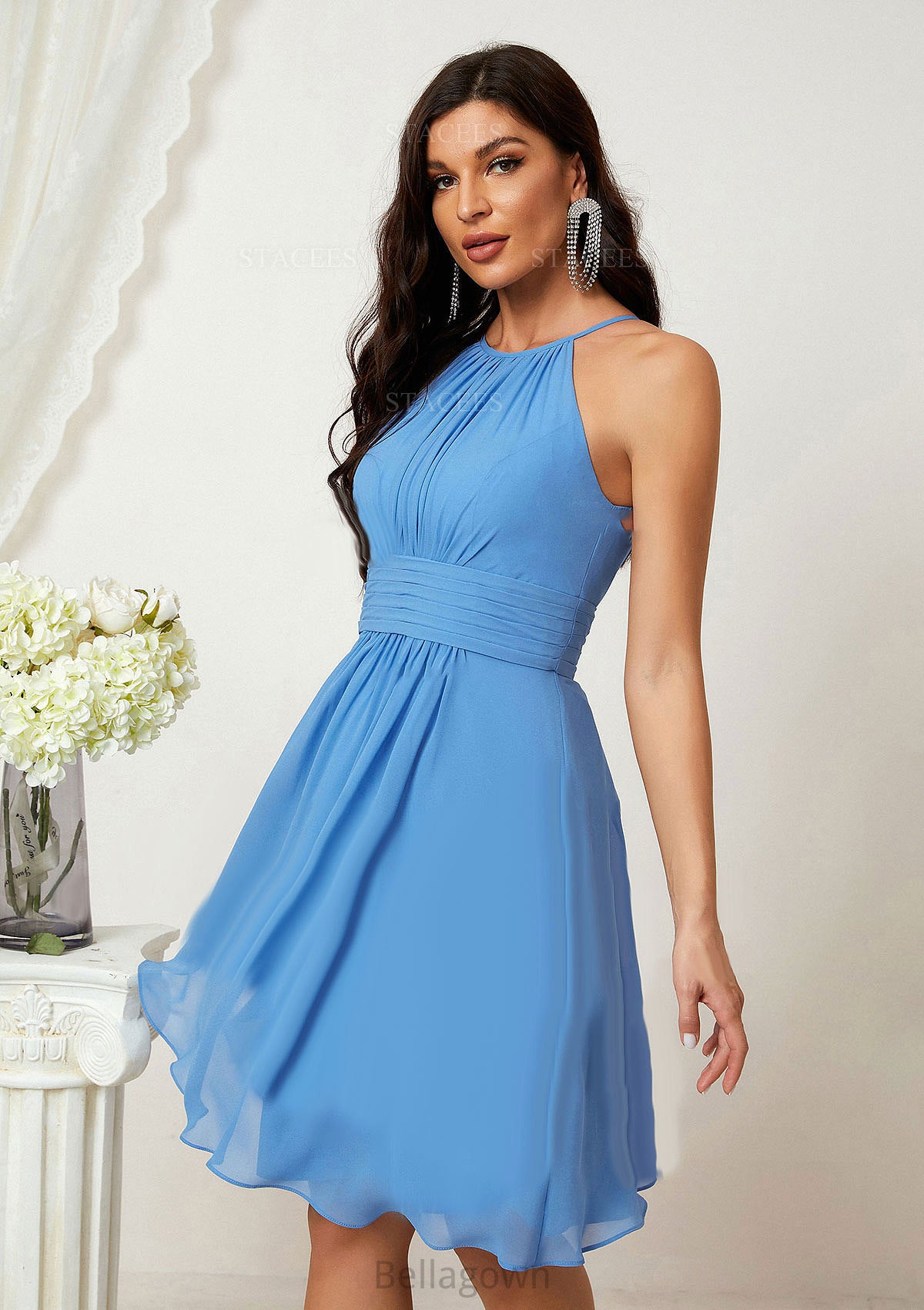 A-line Halter Sleeveless Knee-Length Chiffon Bridesmaid Dresses With Pleated    Margery DNP0025324