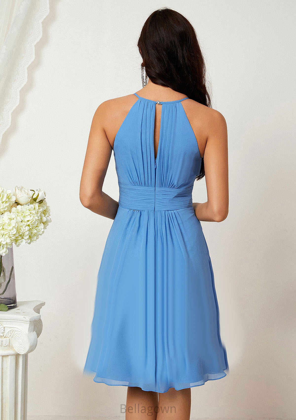 A-line Halter Sleeveless Knee-Length Chiffon Bridesmaid Dresses With Pleated    Margery DNP0025324