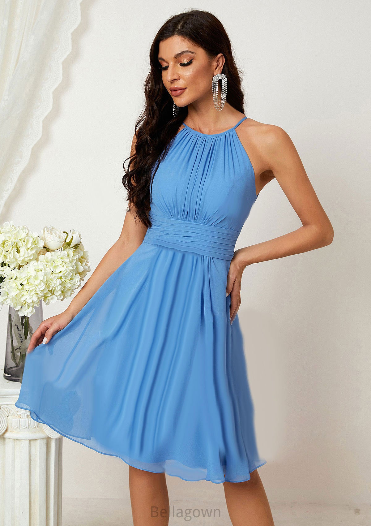 A-line Halter Sleeveless Knee-Length Chiffon Bridesmaid Dresses With Pleated    Margery DNP0025324