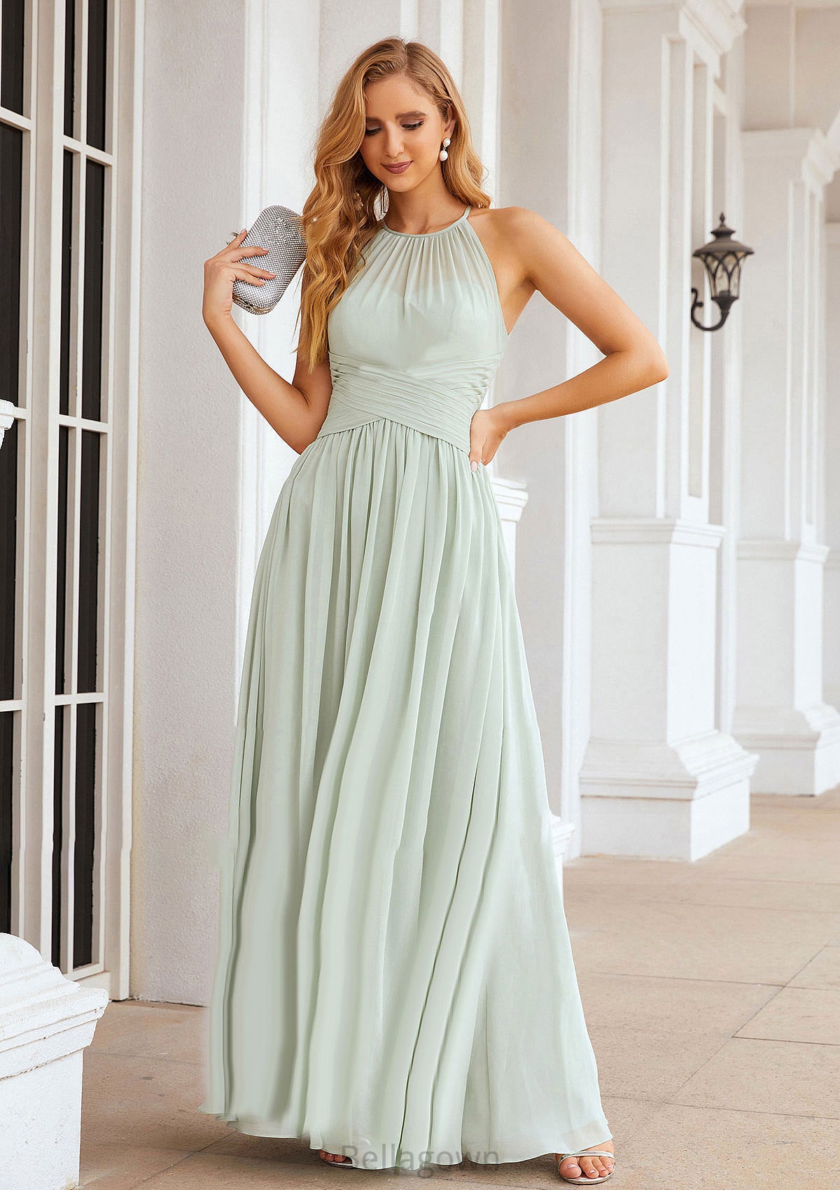 A-line Halter Sleeveless Long/Floor-Length Chiffon Bridesmaid Dresses With Pleated Kamila DNP0025325