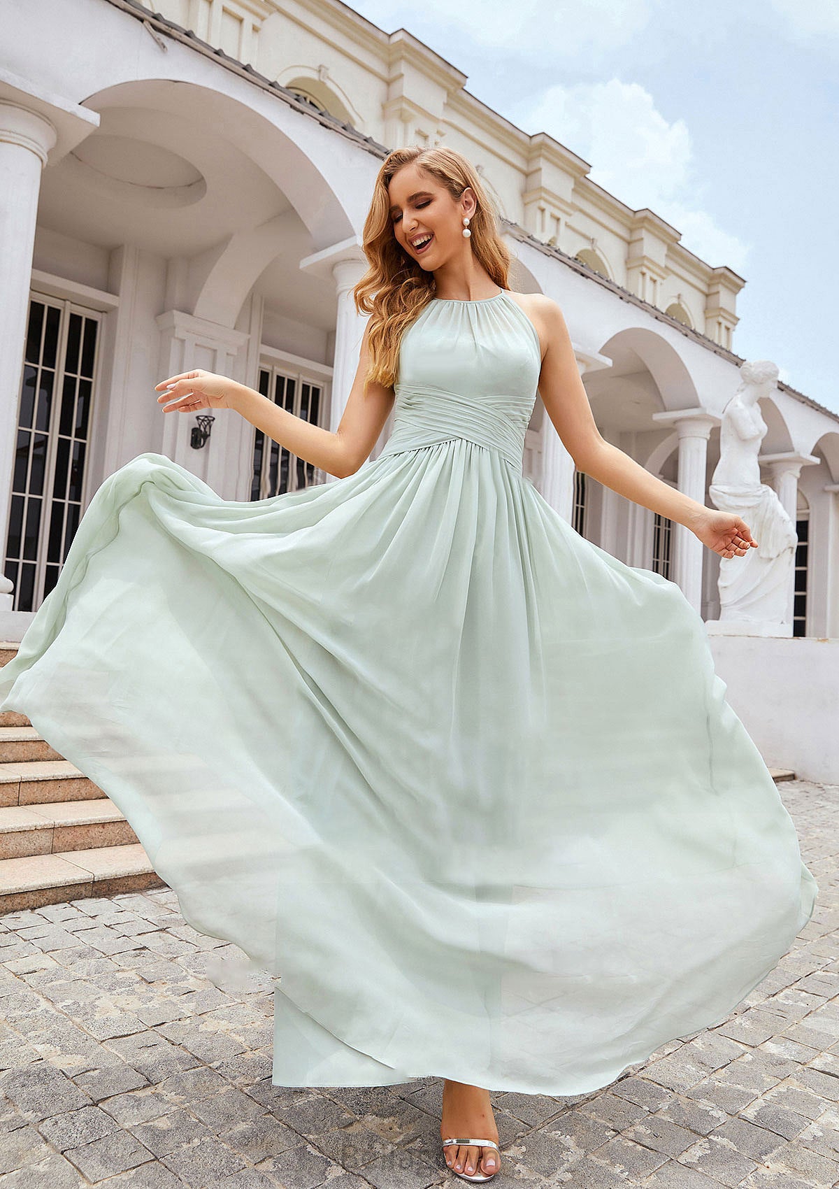 A-line Halter Sleeveless Long/Floor-Length Chiffon Bridesmaid Dresses With Pleated Kamila DNP0025325