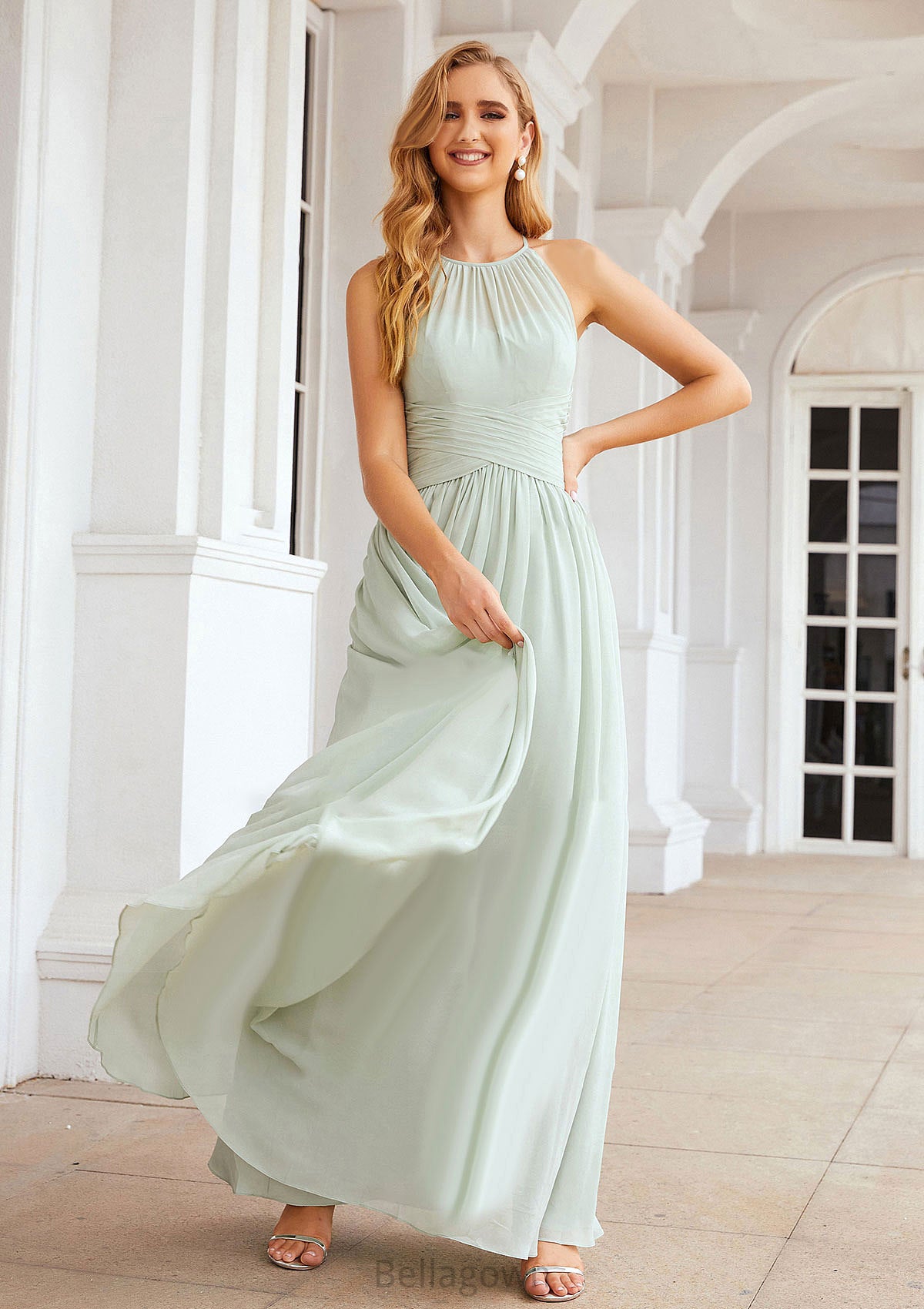 A-line Halter Sleeveless Long/Floor-Length Chiffon Bridesmaid Dresses With Pleated Kamila DNP0025325