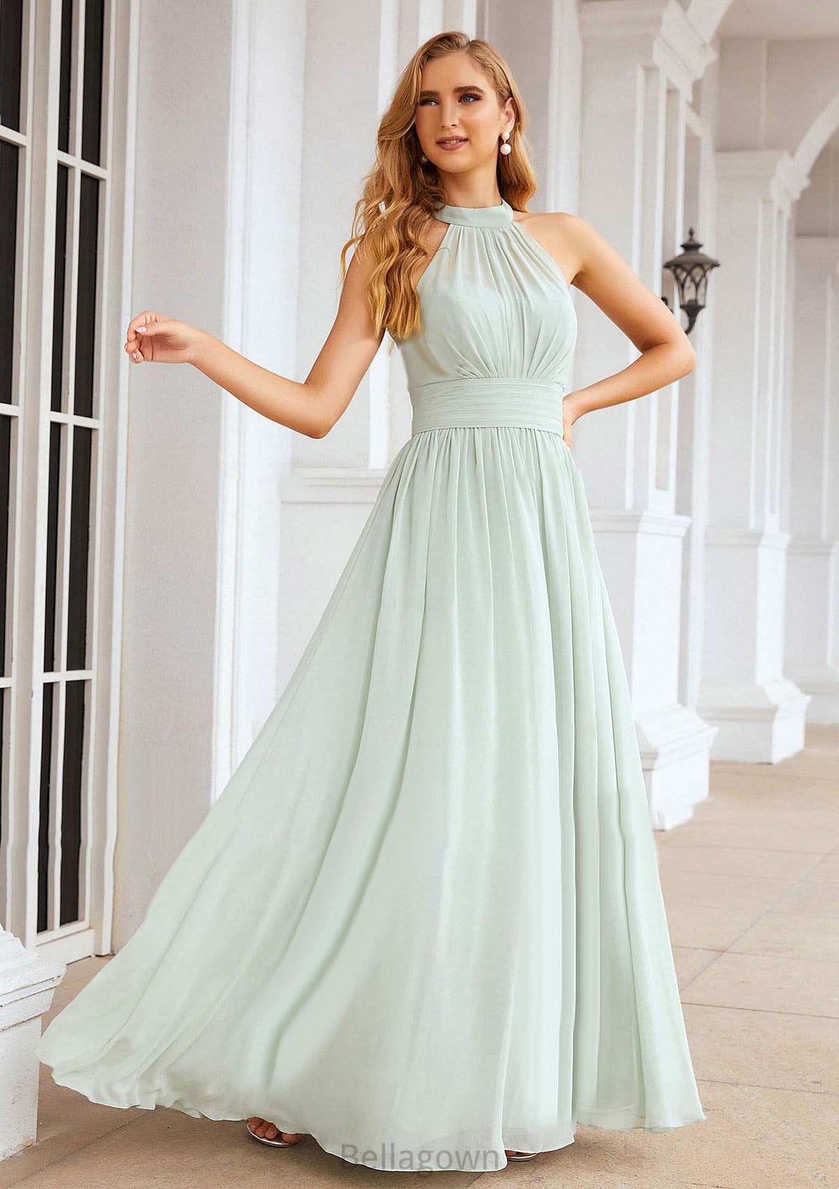 A-line High-Neck Sleeveless Long/Floor-Length Chiffon Bridesmaid Dresses With Pleated Giuliana DNP0025326