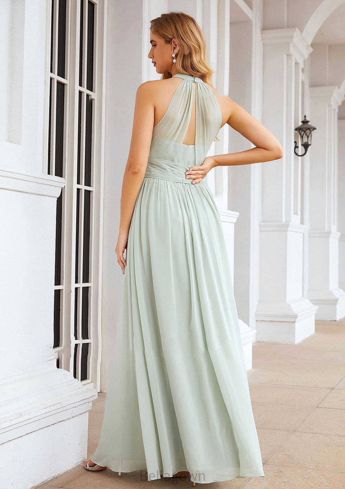 A-line High-Neck Sleeveless Long/Floor-Length Chiffon Bridesmaid Dresses With Pleated Giuliana DNP0025326