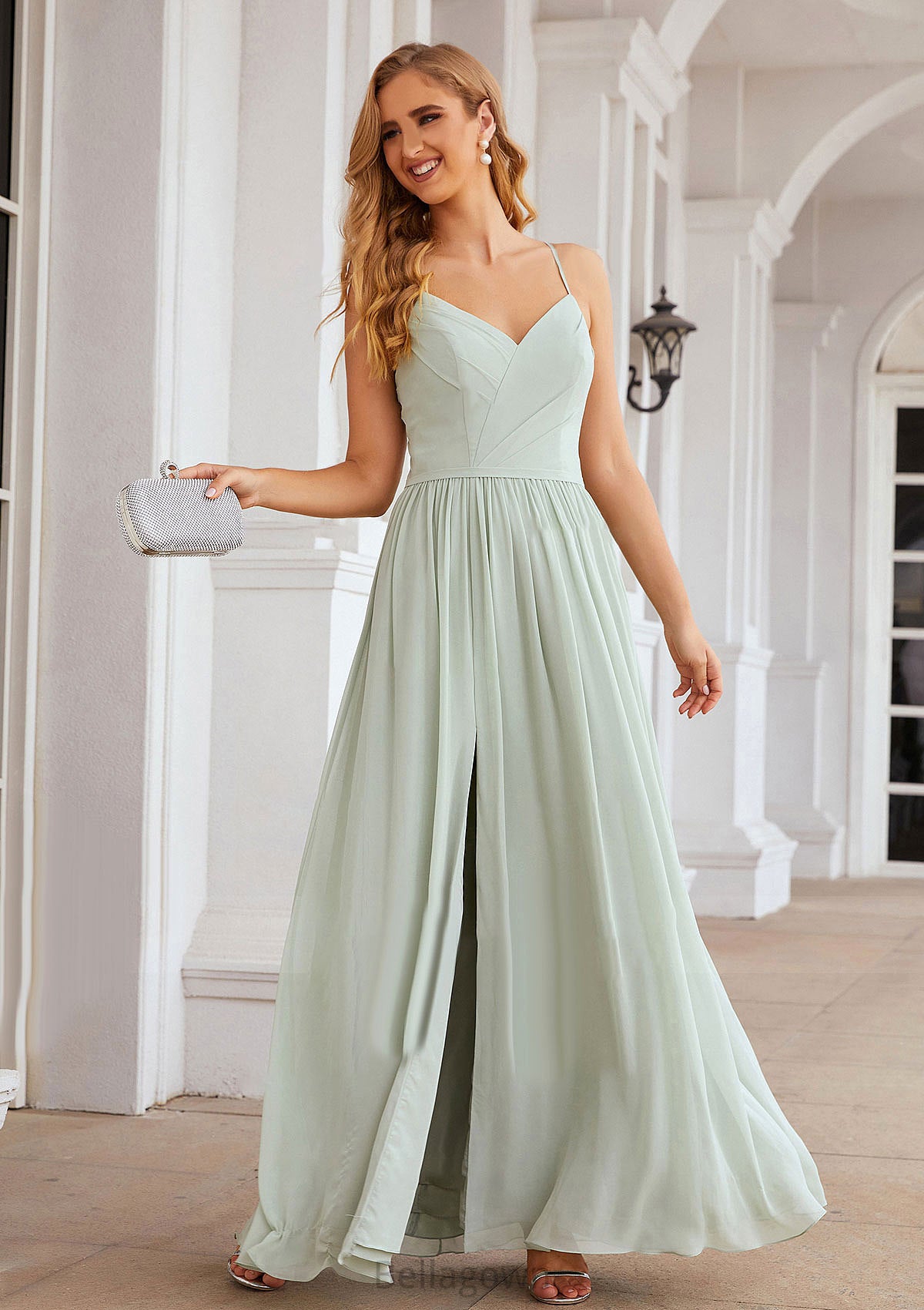 A-line V Neck Sleeveless Long/Floor-Length Chiffon Bridesmaid Dresses With Pleated Split Trudie DNP0025327