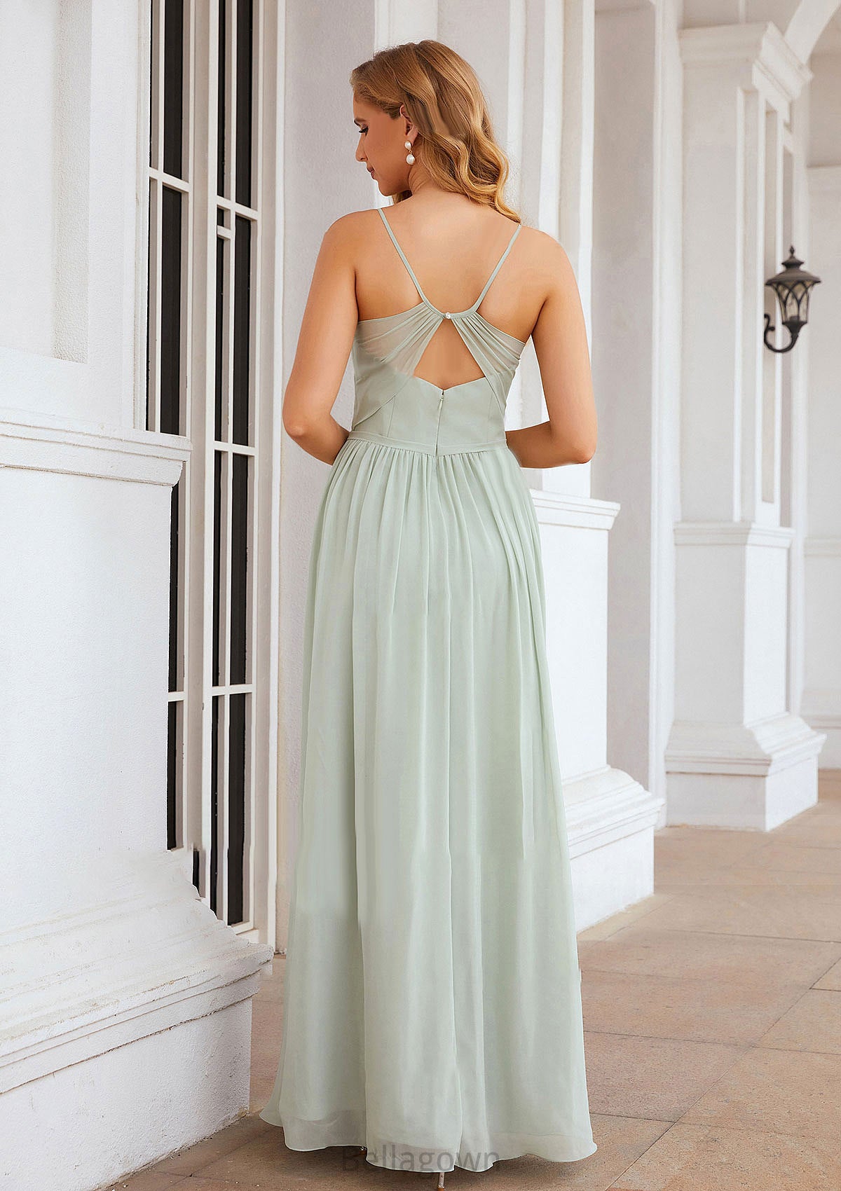 A-line V Neck Sleeveless Long/Floor-Length Chiffon Bridesmaid Dresses With Pleated Split Trudie DNP0025327