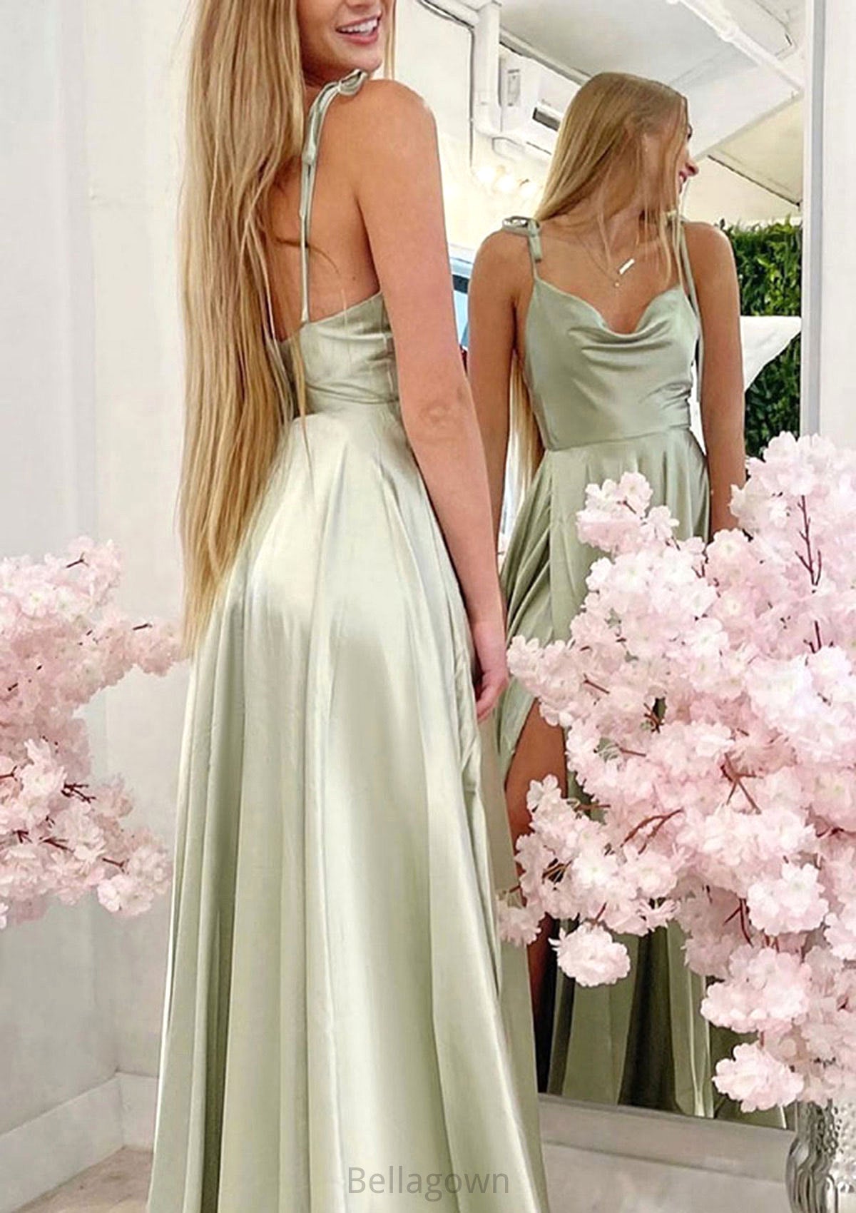 A-line Cowl Neck Spaghetti Straps Long/Floor-Length Charmeuse Bridesmaid Dresses With Split Willow DNP0025330