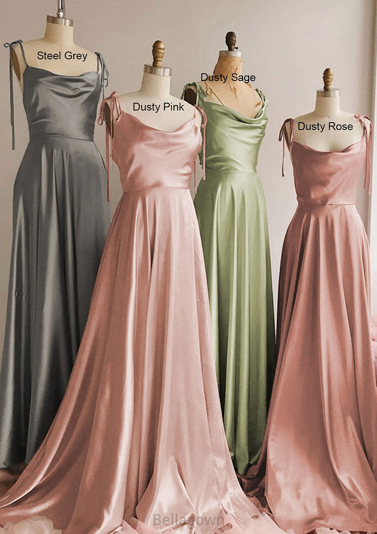 A-line Cowl Neck Spaghetti Straps Long/Floor-Length Charmeuse Bridesmaid Dresses With Split Willow DNP0025330